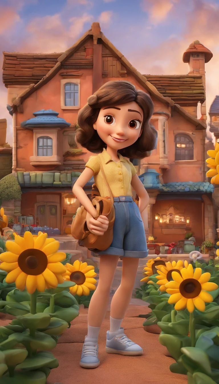 Create a 3D Disney PIXAR Style Poster with a Family Theme with Triplets, 1 no meio e 2 meninaado, They're hugging each other, O menino tem pstanha e cabelos castanhos escuros e olhos castanhos escuros, 1 menina tem pele cllhos e cabelos escuros e cacheados, e a outra menina tem pele morena, escuros e cabelos escuros e lisos, all this in the Disney PIXAR 3D style, in the background, a house of sunflowers, gloria studio, The garden is full of sunflowers, material de argila, estilo de design cartunesco, POP Mart, soft lighting, linhas suaves, Lentes Tilt-Shift, detailed science fiction illustrations, Detalhes hiper-realistas, cor quente no estilo Disney PIXAR 3D
