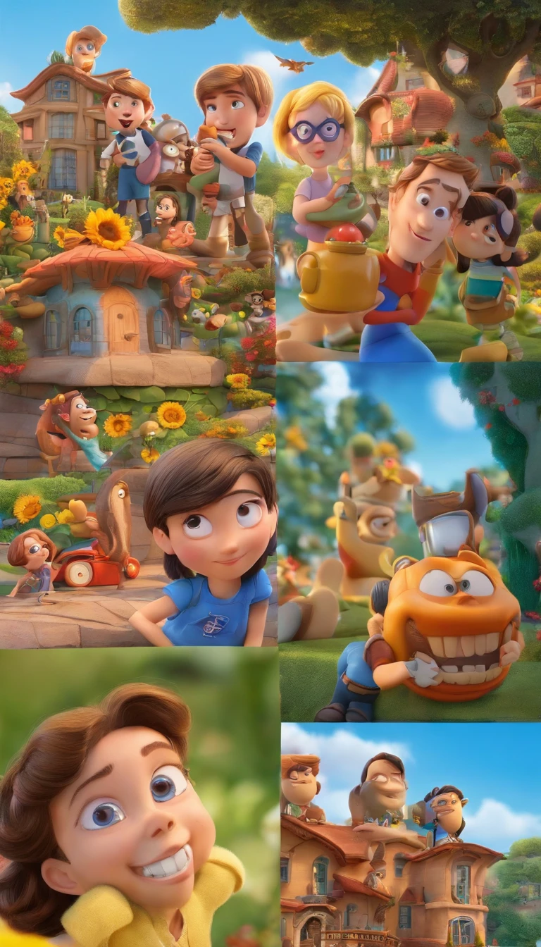 Create a 3D Disney PIXAR Style Poster with a Family Theme with Triplets, 1 menino no meio e 2 meninas ao lado, They're hugging each other, O menino tem pele castanha e cabelos castanhos escuros e olhos castanhos escuros, 1 menina tem pele clara, olhos e cabelos escuros e cacheados, e a outra menina tem pele morena, olhos escuros e cabelos escuros e lisos, all this in the Disney PIXAR 3D style, in the background, a house of sunflowers, gloria studio, The garden is full of sunflowers, material de argila, estilo de design cartunesco, POP Mart, soft lighting, linhas suaves, Lentes Tilt-Shift, detailed science fiction illustrations, Detalhes hiper-realistas, cor quente no estilo Disney PIXAR 3D