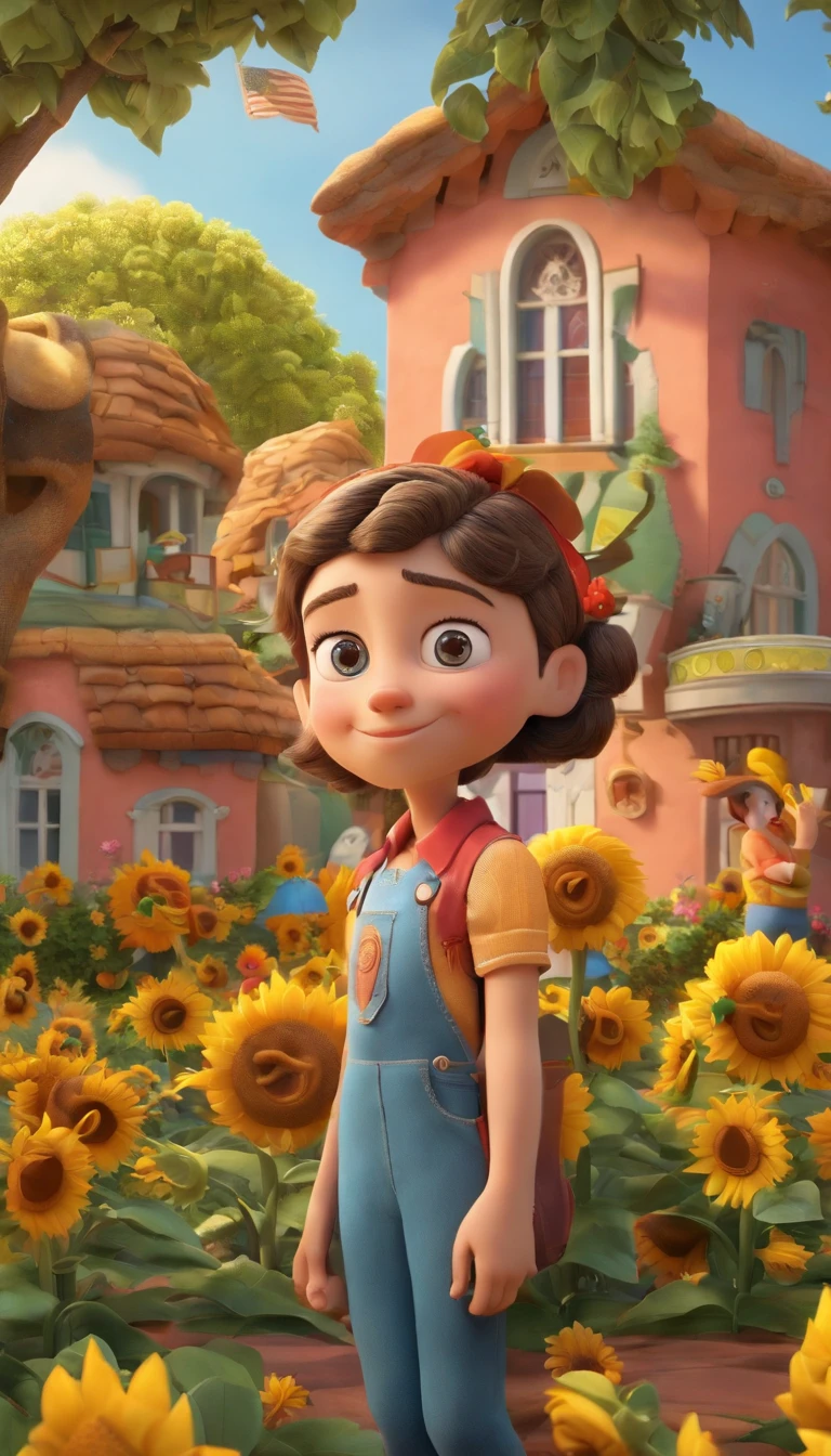 Create a 3D Disney PIXAR Style Poster with a Family Theme with Triplets, 1 no meio e 2 meninaado, They're hugging each other, O menino tem pstanha e cabelos castanhos escuros e olhos castanhos escuros, 1 menina tem pele cllhos e cabelos escuros e cacheados, e a outra menina tem pele morena, escuros e cabelos escuros e lisos, all this in the Disney PIXAR 3D style, in the background, a house of sunflowers, gloria studio, The garden is full of sunflowers, material de argila, estilo de design cartunesco, POP Mart, soft lighting, linhas suaves, Lentes Tilt-Shift, detailed science fiction illustrations, Detalhes hiper-realistas, cor quente no estilo Disney PIXAR 3D