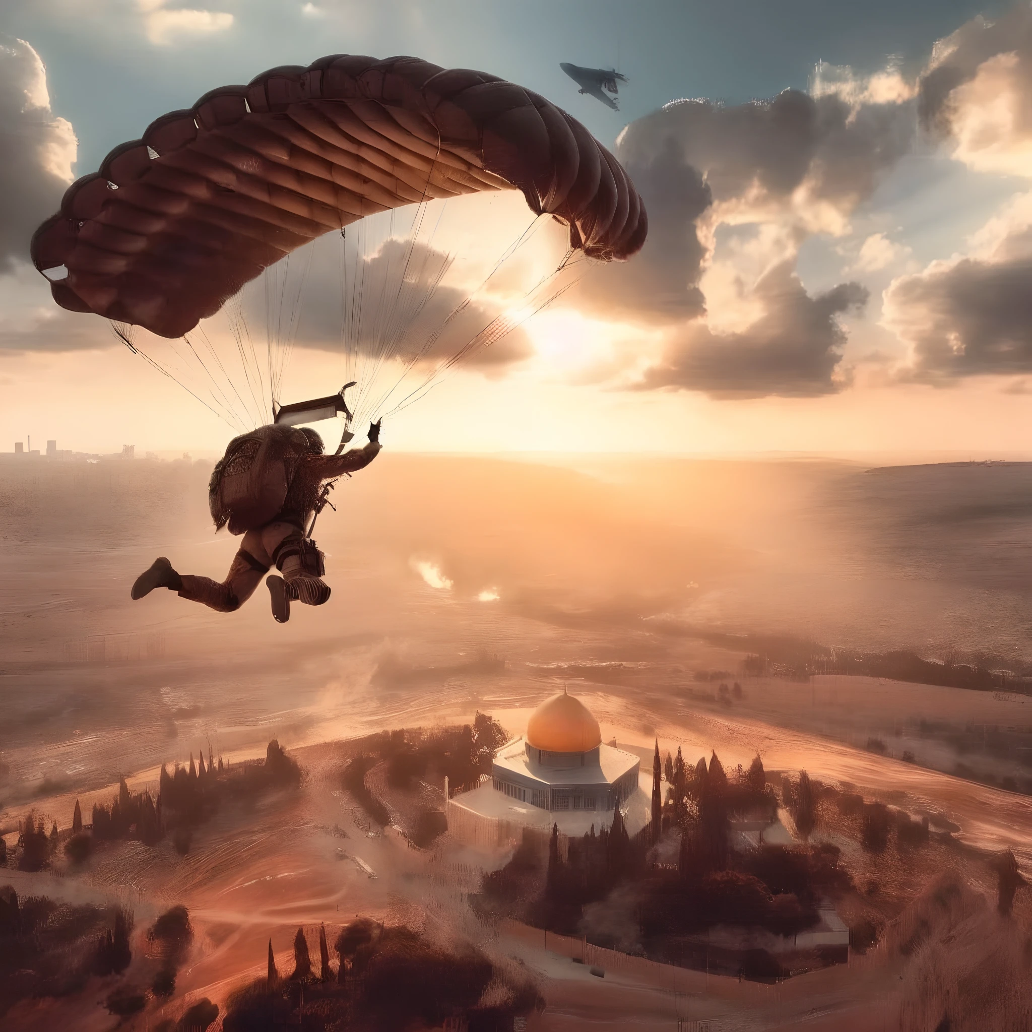 Paratroopers known in the air with a parachute over a dome, An incredible masterpiece, Amazingly epic visuals, In Pubg, A wonderful masterpiece, Unreal Engine 5 makes dramatic, Flying through the sunset, Airborne Display, Real fan., beeple!!, Flying over a dense city, Flying over a city, Step down whistle, by Alexander Kocharsky, Stunning background