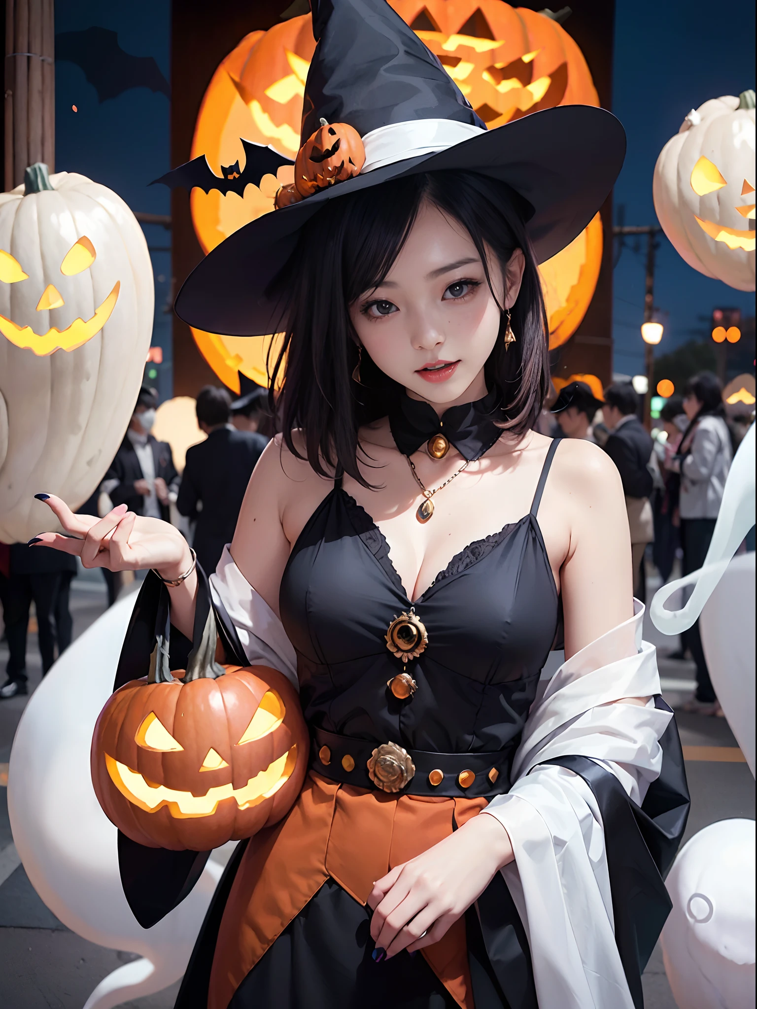 Background of details(halloween night(fullmoon,City of Shibuya(Crowds(People in costumes々々々々々))):1.5),BREAK ,elaborate costume(Sorcerer(Pointy hat)),BREAK,(1 Beautiful and classy adult woman(Shy smile:1.2)(Japanese actressl:1.2)(A dark-haired(short-hair:1.2))),(eye glass:1.),((magia((Pumpkin in the right hand),(The Ghost of the Left Hand))summoner):1.5),BREAK,Wallpapers 16K,Blur the background,)(masutepiece,Best Quality,Portrait photos):1.5),Faraway view