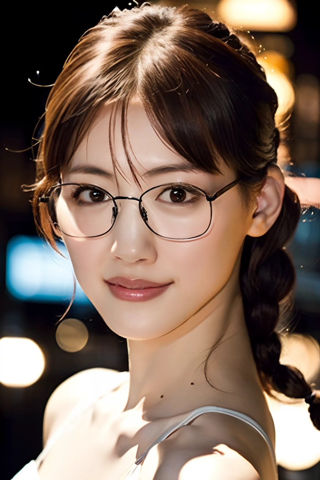 (8K、Raw photography、top-quality、​masterpiece:1.2)、(realisitic、Photorealsitic:1.37)、ultra-detailliert、超A high resolution、***1人、see the beholder、beautifull detailed face、A smile、Constriction、(Slim waist) :1.3)、White summer clothes、Beautiful detailed skin、Skin Texture、Floating hair、Braided hair、Professional Lighting、Downtown at night、((Black square glasses )) 、Whole human body、Brown hair