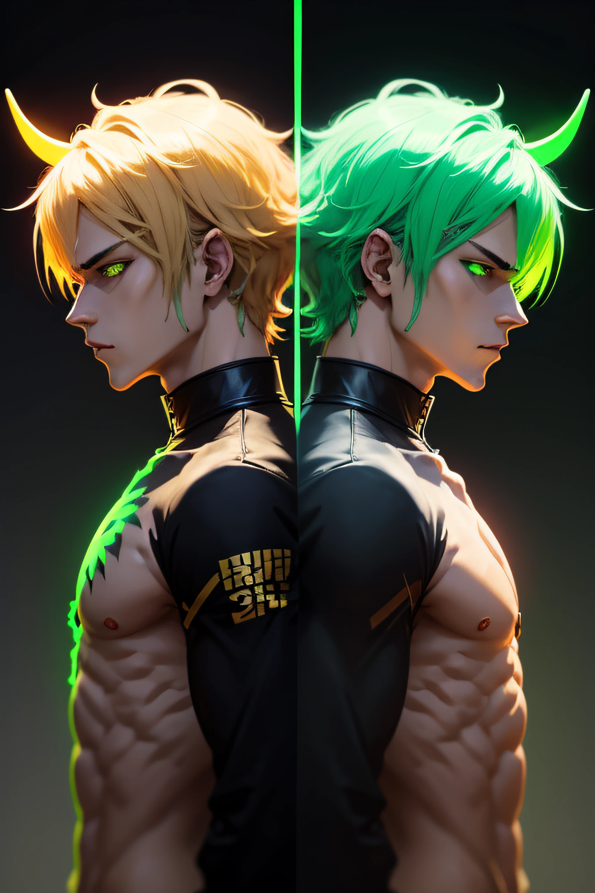 anime phonk horror cover two male half demon warriors one blond hair one bronze hair with neon green colors