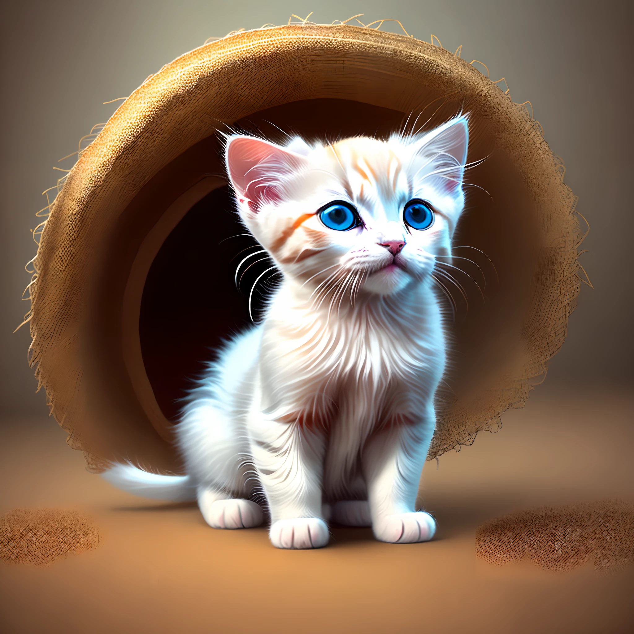 Cute small white kitten wearing a straw cowboy hat