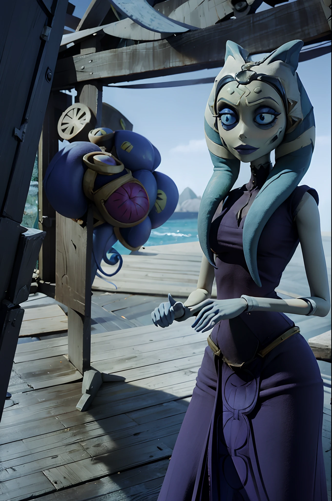 TimBurton Animation 1girl, blue eyes, orange skin, tentacle hair