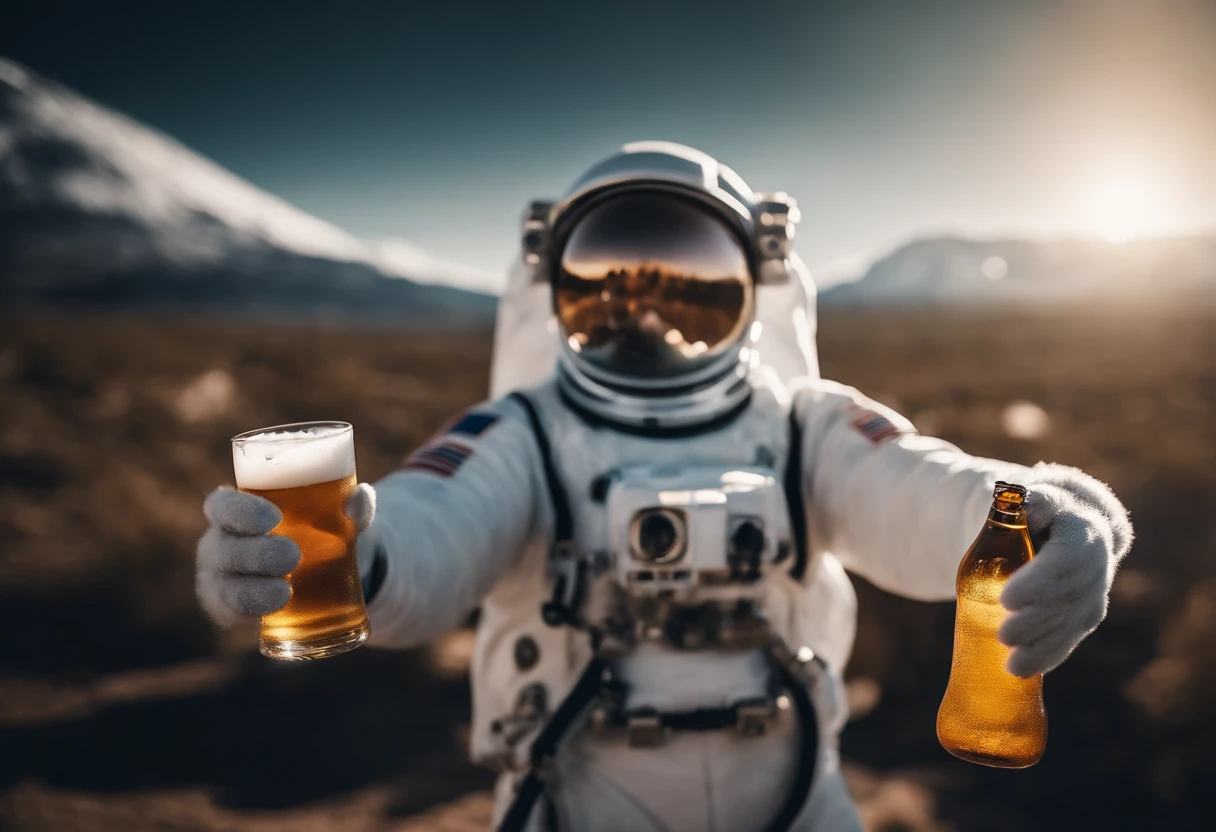 An astronaut in a yeti costume floating in space, in the distant center holding a beer, 1/4 of blurred earth in the background