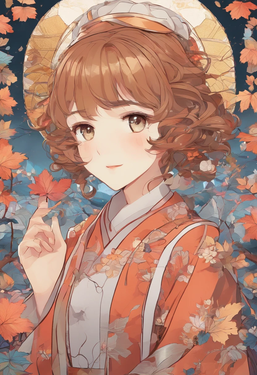 Bongroku has curly brown hair，Golden pupils，Soft facial features，Lazy demeanor，Moles in the corners of the eyes，Wears a black jacket with a brown maple leaf pattern on the shoulders，Wearing a brown beret，There are diamond-shaped gold drop earrings on the ears