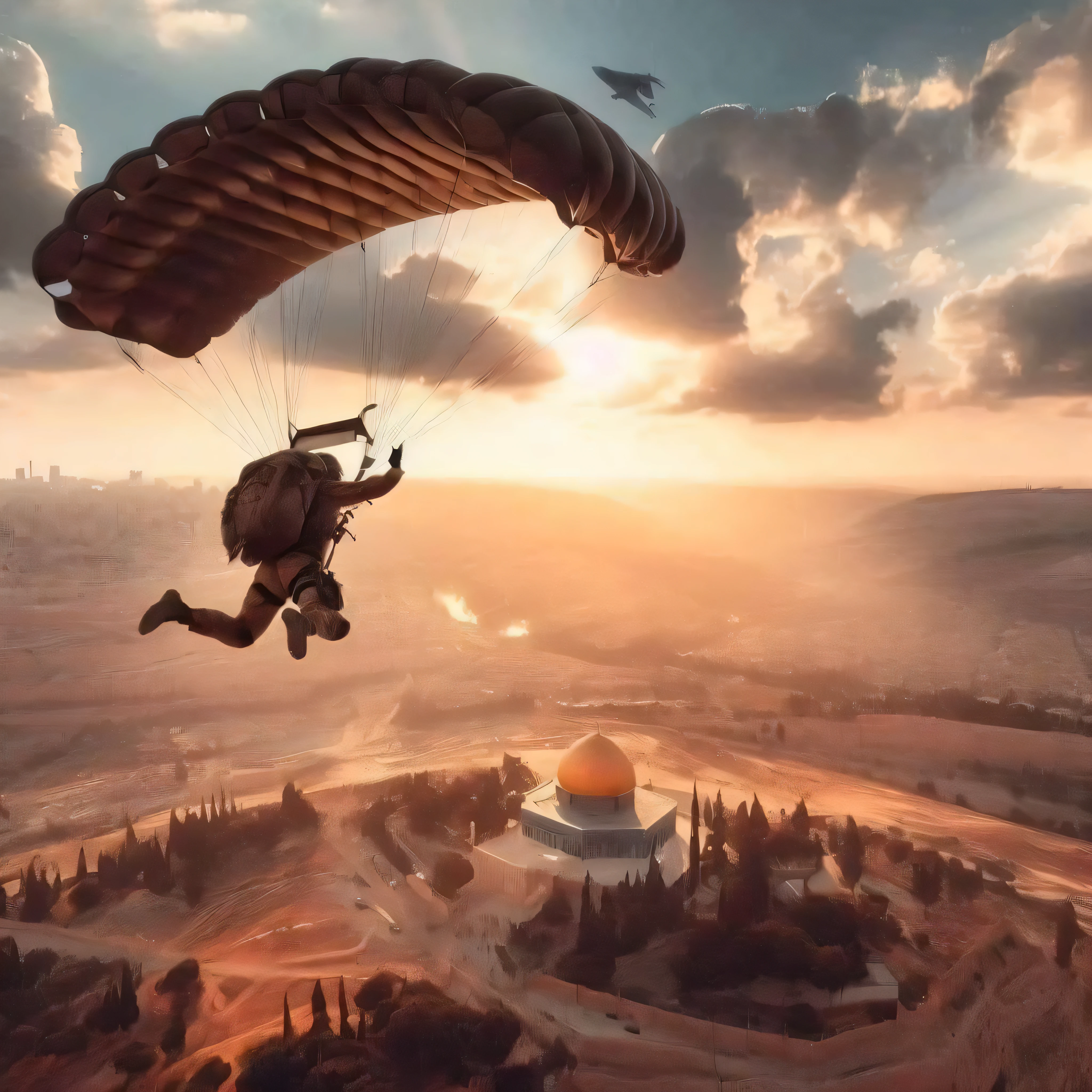 Paratroopers known in the air with a parachute over a dome, An incredible masterpiece, Amazingly epic visuals, In Pubg, A wonderful masterpiece, Unreal Engine 5 makes dramatic, Flying through the sunset, Airborne Display, Real fan., beeple!!, Flying over a dense city, Flying over a city, Step down whistle, by Alexander Kocharsky, Stunning background