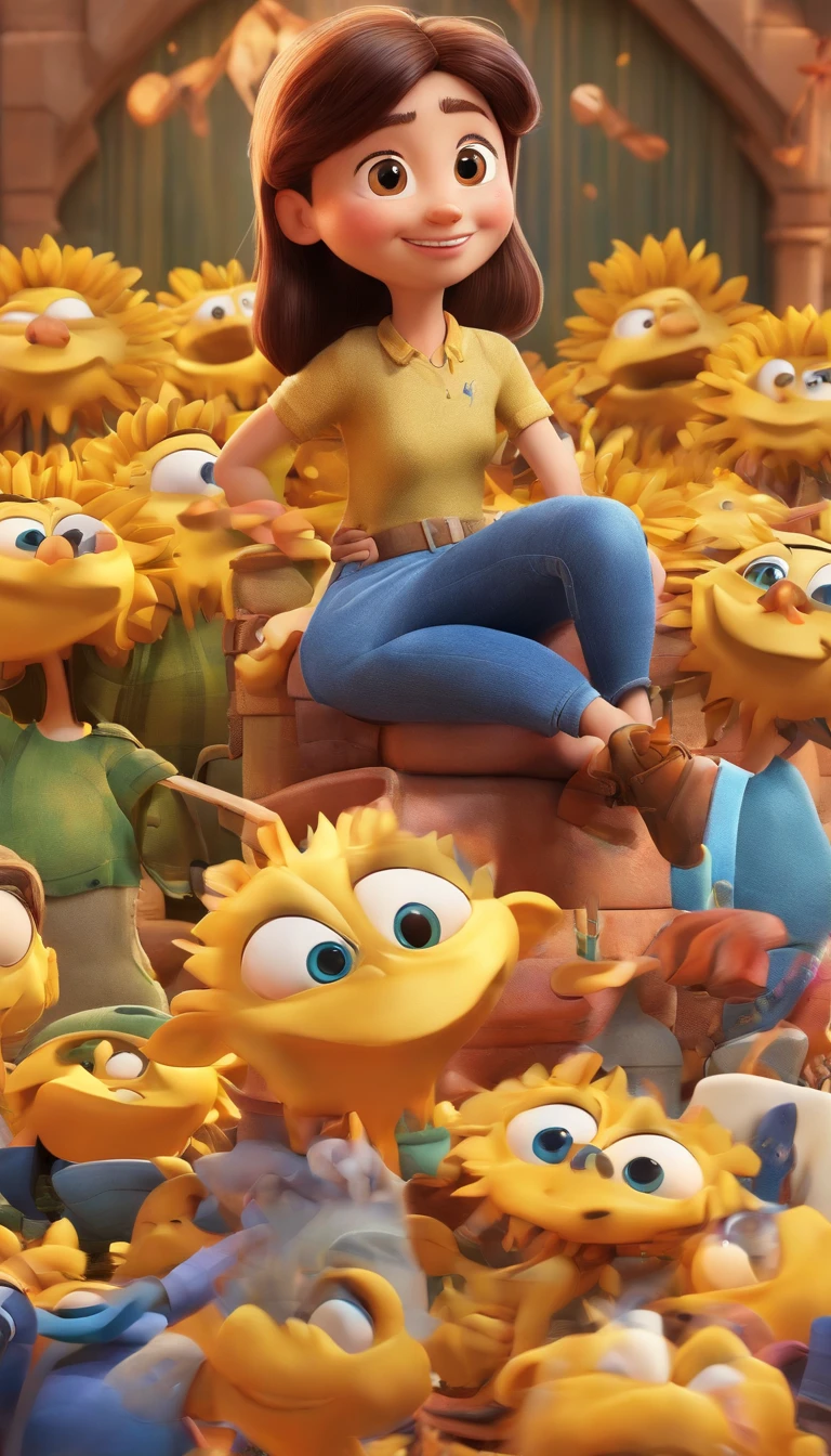 Create a Disney PIXAR-style 3D poster with a family theme. In the center of the image triplets, 1 no meio e 2 meninaado, They're hugging each other, O menino tem pstanha e cabelos castanhos escuros e olhos castanhos escuros, 1 menina tem pele cllhos e cabelos escuros e cacheados, e a outra menina tem pele morena, escuros e cabelos escuros e lisos, tudo isso no estilo Disney PIXAR 3D, In the background, A house of sunflowers, Gloria Studio, The garden is full of sunflowers, material de argila, estilo de design cartunesco, POP Mart, soft lighting, linhas suaves, Spring tilt, detailed science fiction illustrations, Detalhes hiper-realistas, cor quente no estilo Disney PIXAR 3D