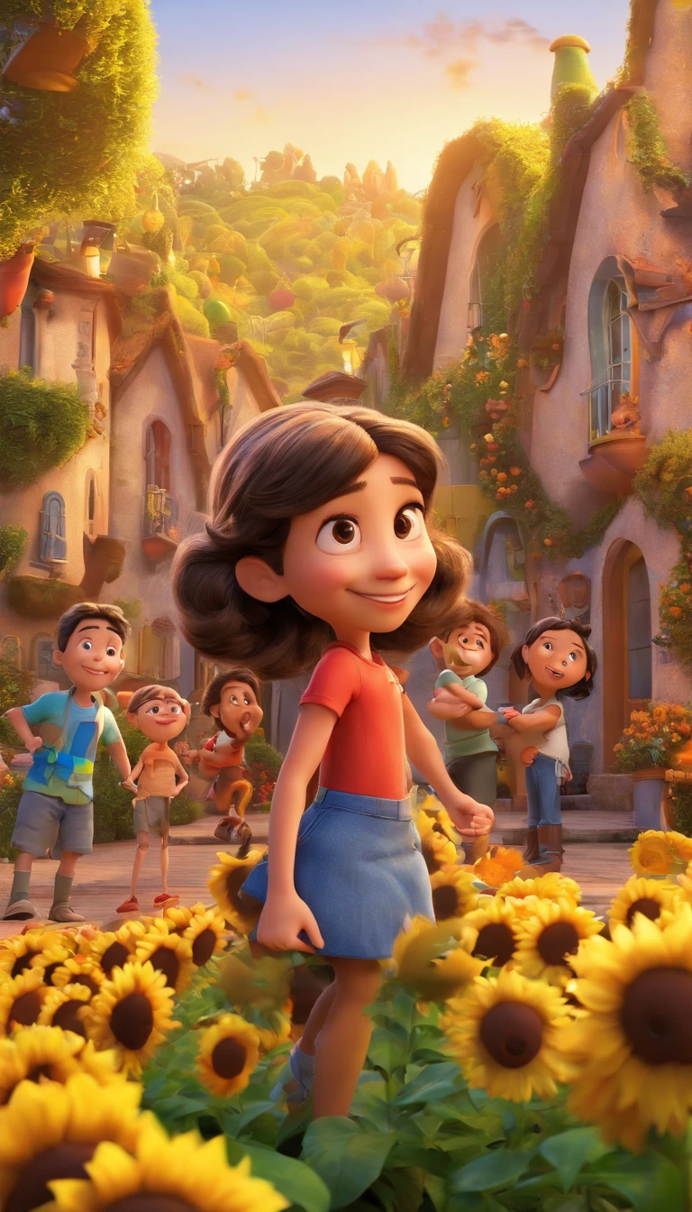 Create a Disney PIXAR-style 3D poster with a family theme. In the center of the image triplets, 1 no meio e 2 meninaado, They're hugging each other, O menino tem pstanha e cabelos castanhos escuros e olhos castanhos escuros, 1 menina tem pele cllhos e cabelos escuros e cacheados, e a outra menina tem pele morena, escuros e cabelos escuros e lisos, tudo isso no estilo Disney PIXAR 3D, In the background, A house of sunflowers, Gloria Studio, The garden is full of sunflowers, material de argila, estilo de design cartunesco, POP Mart, soft lighting, linhas suaves, Spring tilt, detailed science fiction illustrations, Detalhes hiper-realistas, cor quente no estilo Disney PIXAR 3D