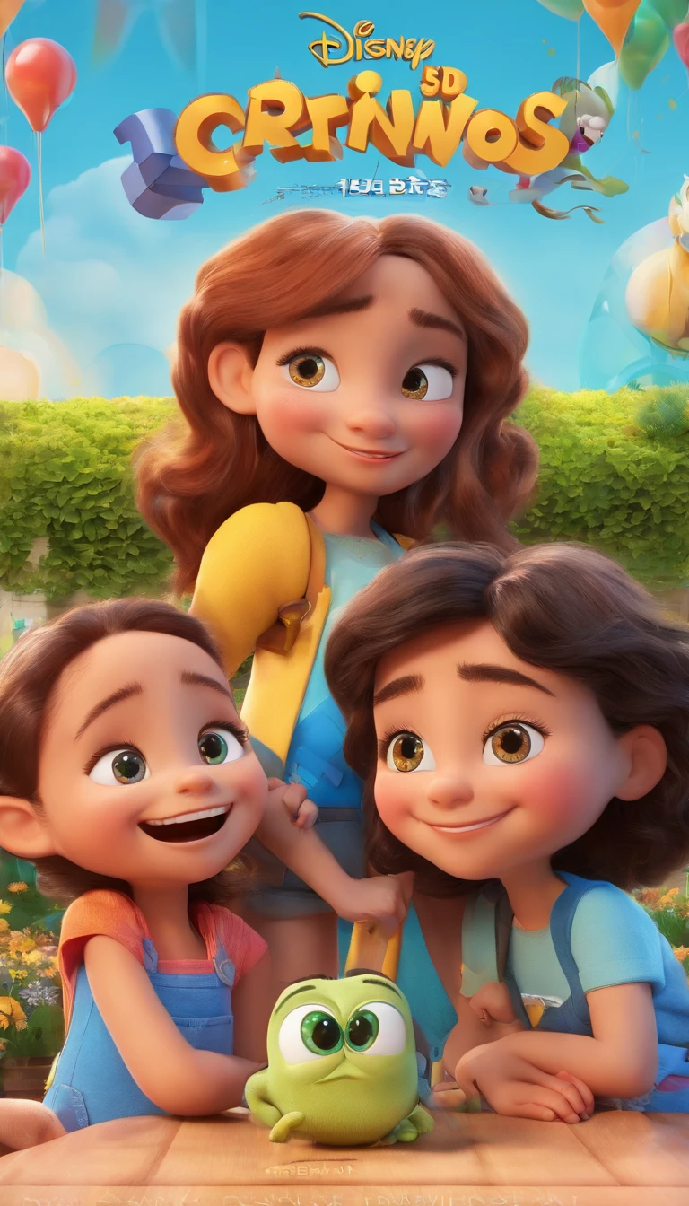 Create a Disney PIXAR-style 3D poster with a family theme. In the center of the image triplets, 1 no meio e 2 meninaado, They're hugging each other, O menino tem pstanha e cabelos castanhos escuros e olhos castanhos escuros, 1 menina tem pele cllhos e cabelos escuros e cacheados, e a outra menina tem pele morena, escuros e cabelos escuros e lisos, tudo isso no estilo Disney PIXAR 3D, In the background, A house of sunflowers, Gloria Studio, The garden is full of sunflowers, material de argila, estilo de design cartunesco, POP Mart, soft lighting, linhas suaves, Spring tilt, detailed science fiction illustrations, Detalhes hiper-realistas, cor quente no estilo Disney PIXAR 3D
