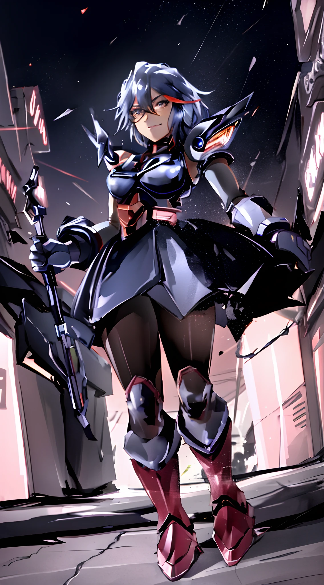 Ryuko Matoi wearing a heavily armored Mettaton suit, heavy armored gloves, heavily armored skirt, heavily armored heeled boots, going shopping, shiny metallic suit, futuristic glasses, vibrant colors, detailed expression, dynamic pose, bustling city street, neon lights, crowded shops, futuristic shopping bags, high-tech gadgets, confident attitude, fierce determination, nighttime ambiance, sharp metal textures, sleek body armor, holographic displays, industrial aesthetic, cutting-edge technology, energy pulsations, urban setting, glowing LED accents, anime-inspired style, cyberpunk fashion, advanced machinery, stunning visual effects