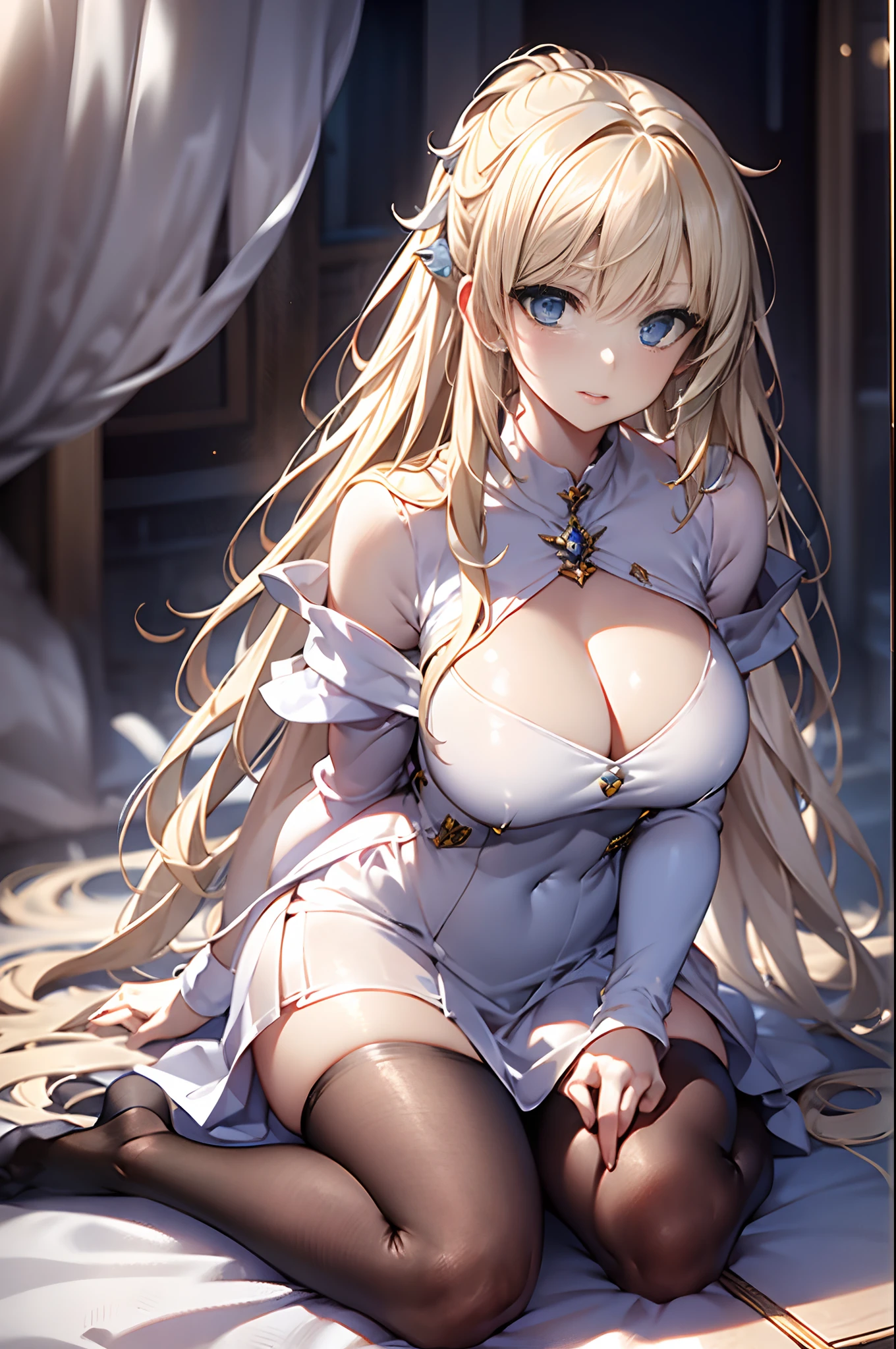 bright expression、Young shiny shiny white shiny skin、Best Looks、Blonde reflected light、Platinum blonde hair with dazzling highlights、shiny light hair,、Super long silky straight hair、Beautiful bangs that shine、Glowing crystal clear attractive big blue eyes、Very beautiful nice cute girl、Lush bust,Beautiful detailed eyes, beautiful detailed nose,(( Full body:1.5)),Makeup that the eyes emphasize、,(Women like Joan of Arc)、Royal style,Comic style, , Sub-surface scattering, ornate detail, nature backdrop, Hyper-realistic, ((Cinematic)), Dramatic Lighting, masutepiece、((Off-the-shoulder white shirt dress:1.4))、((Fight on the battlefield))、(Loose and fluffy perm:1.4)、1 girl in、((Bob Hair:1.3))、Ultra realistic 8K CG, Picture-perfect face, flawless, clean, masutepiece, Professional artwork, famousartwork, Perfect face, Beautiful face, Beautiful eyes, ((Perfect female body)), Solo,(Immersive atmosphere, Chiaroscuro:1.5,Bright light:1.2,Luminous lighting),(blush:0.5),fascinated expression,Extremely detailed_Eyes,thick thighs,Large breasts,beautifullydetailedbackground,depth of fields,Realistic:1.3, longshot,Sitting, Full body, (ambient lights:1.3),(Cinematic composition:1.3),(Neon light:0.1),(nffsw:0.1),Accent Lighting, pantyhose,((dynamicposes))