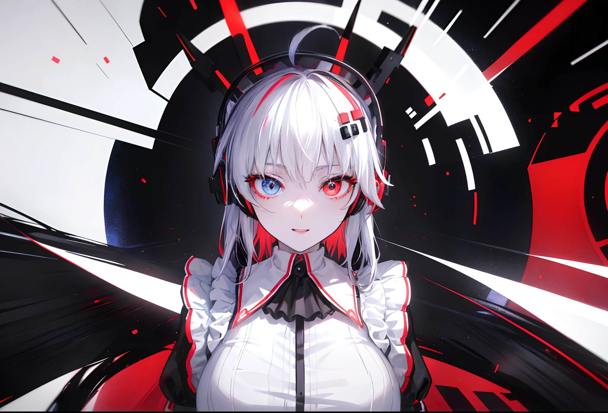 (Happy eyes: 1.8) (The left eye is blue: 1.5)(The right eye is red: 1.5) (Looking forward: 1.5) Anime character in black and white costume and headphones, anime girls in maid costumes, Cool 3D Anime Girl Rendering, anime girls in maid costumes, maid clothes, gorgeous maid, white haired god, Blue and Red Odd-Eye