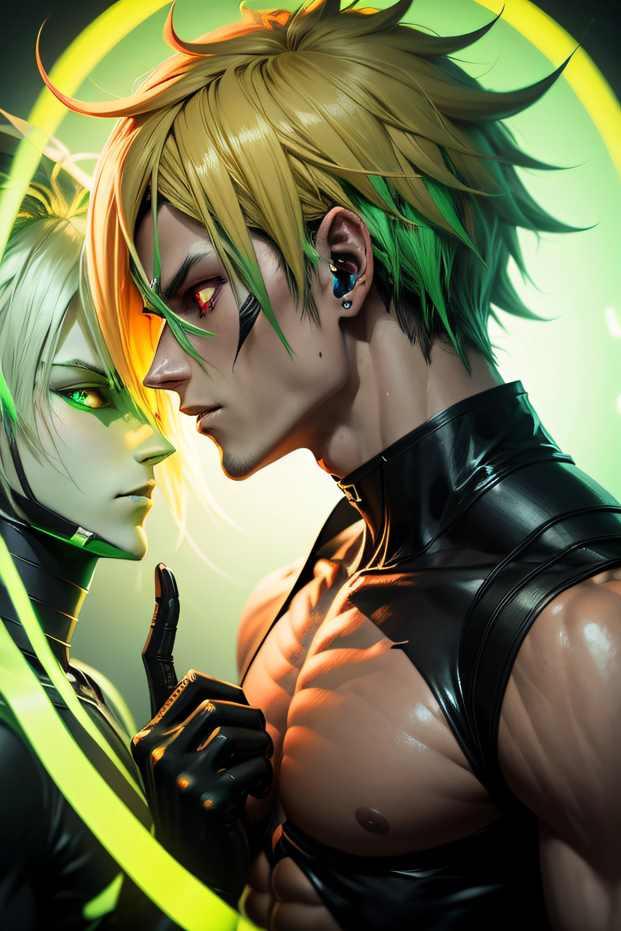 anime phonk horror cover two male cyborg half demon warriors one blond hair one bronze hair with neon green colors