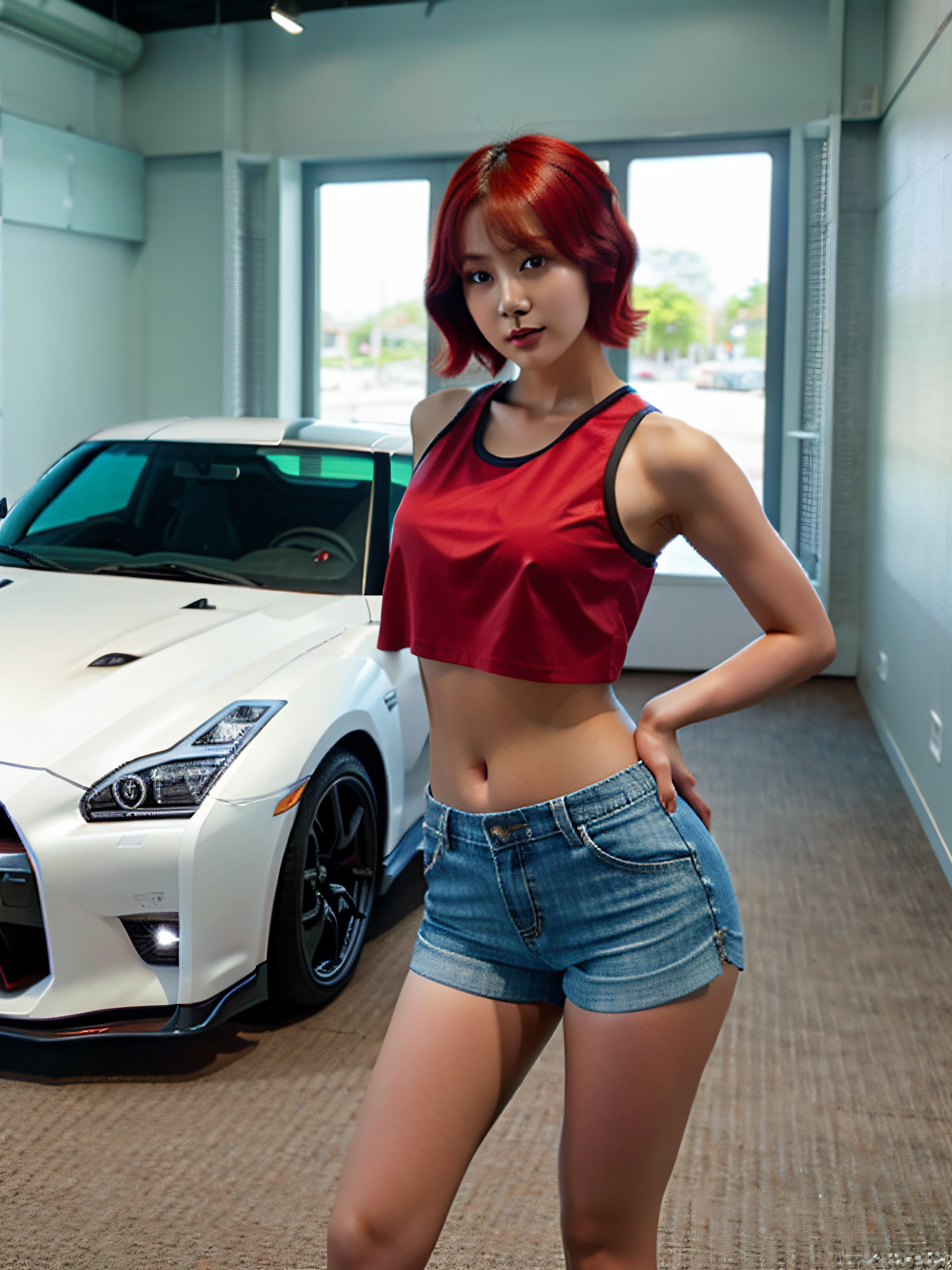 cute Asian woman with red short hair she is wearing shorts and a crop top and standing by a Nissan GT-R, realistic, high detail, studio light,