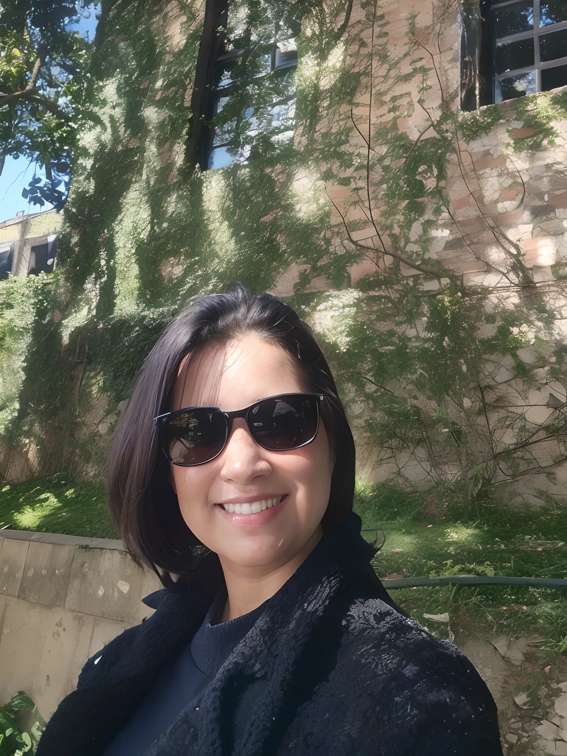 Smiling woman in sunglasses standing in front of a building, 4 5 I, em um dia ensolarado, on seashore, dia ensolarado, with a tree in the background, imagem de perfil, trees in the background, em barcelona, Hora do dia ensolarado, dia ensolarado brilhante, Estefania Villegas Burgos, ao sol, in an urban setting