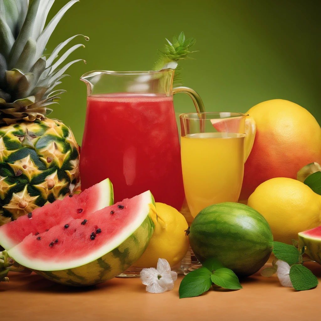 A picture of a refreshing set of fruits, like watermelon, pineapple, and lemon, with glasses and a pitcher of water around it.