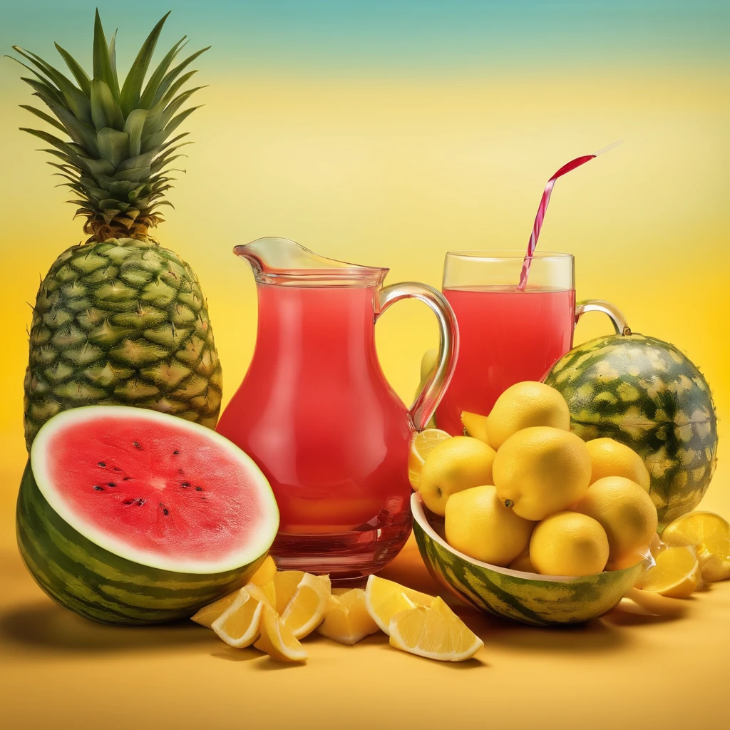 A picture of a refreshing set of fruits, like watermelon, pineapple, and lemon, with glasses and a pitcher of water around it.