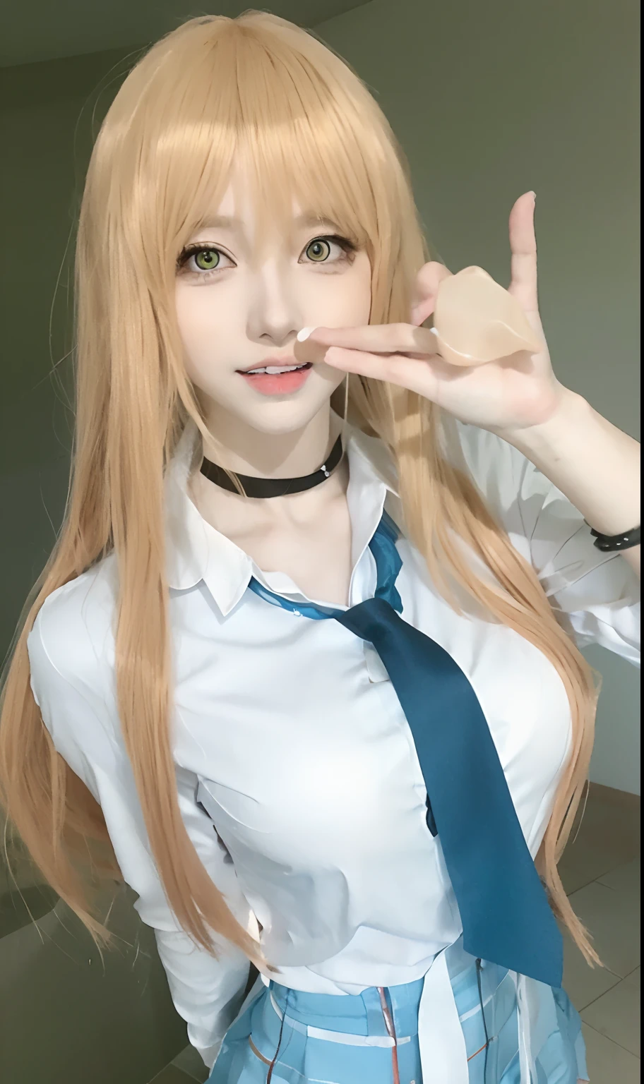 blonde haired girl with blue tie and white shirt posing for picture, anime girl cosplay, anime girl in real life, anime cosplay, ayaka cosplay, as an anime character, blonde anime girl with long hair, anime girl with long hair, beautiful anime high school girl, attractive anime girl, rena nounen style 3/4, with long blond hair, with white long hair