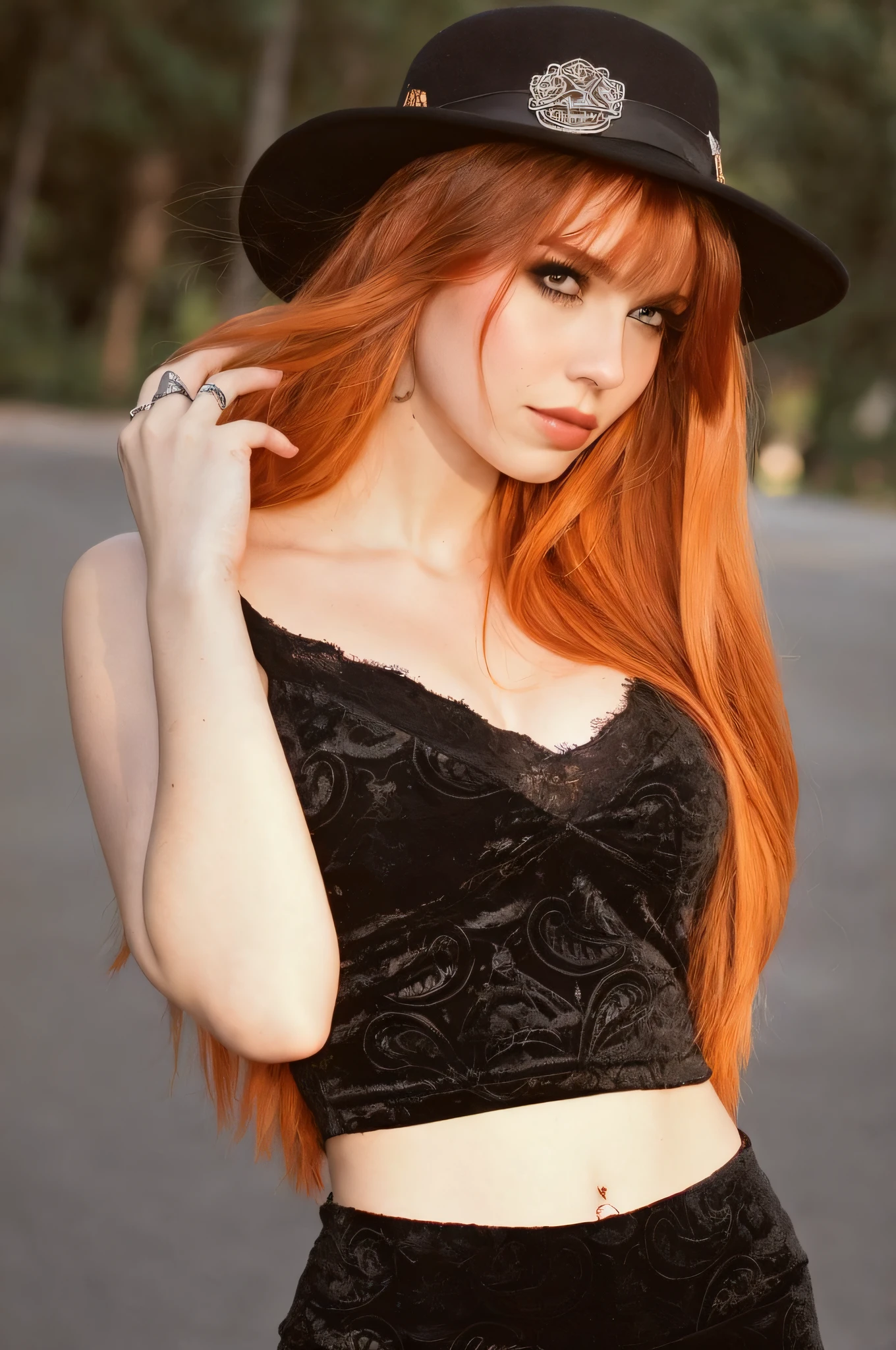 una mujer con el pelo largo y rojo con un sombrero negro, inspirado en Hedi Xandt, reddit, Gothic Art, con una camiseta de tirantes negro recortado, halo de color naranja, better known as amouranth, vestido de encaje negro, with brown bangs, petite caliente, con el pelo largo y rubio, hermoso modelo femenino, ,(piel alta y detallada:1.2),8k UHD, DSLR, Soft lighting, alta calidad, Film grain, Fujifilm XT3