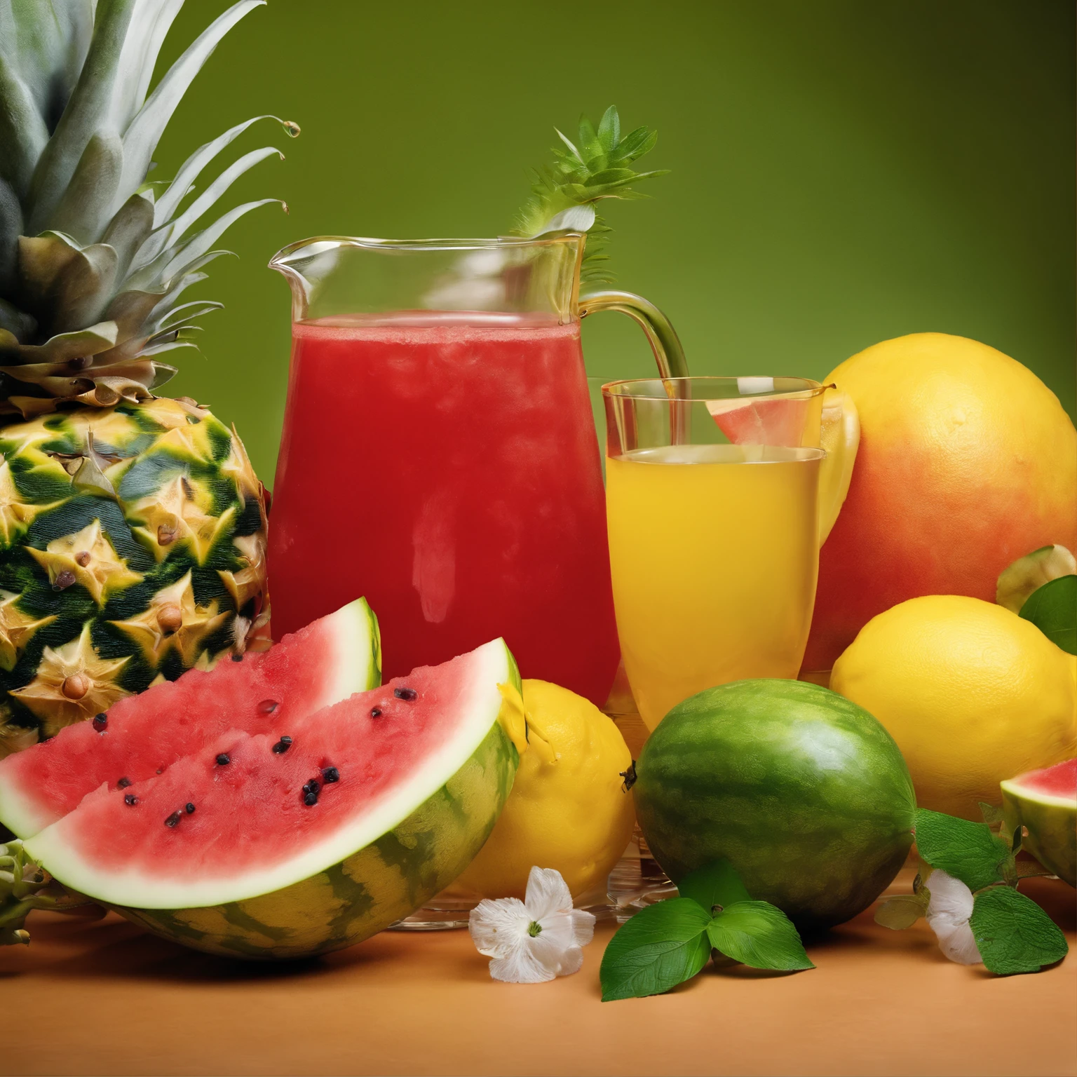 A picture of a refreshing set of fruits, like watermelon, pineapple, and lemon, with glasses and a pitcher of water around it.