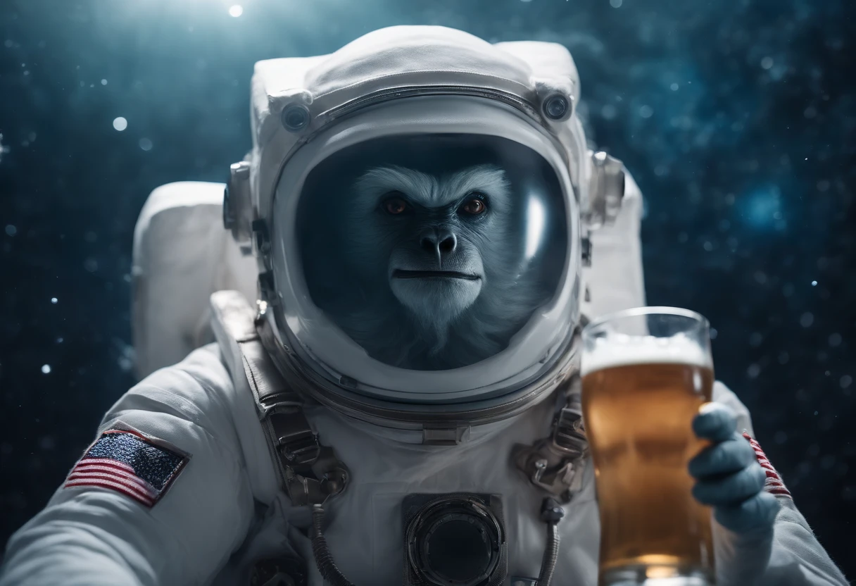A Yeti themed Astronaut costume, yeti head, floating in space, in the distant center holding a beer, 1/4 of blurred earth in the background