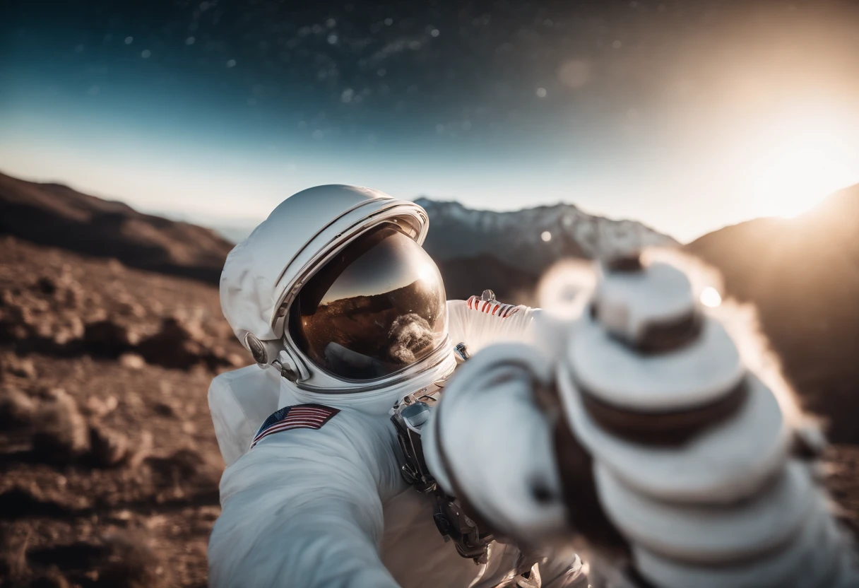 A Yeti themed Astronaut costume, yeti head, floating in space, in the distant center holding a beer, 1/4 of blurred earth in the background