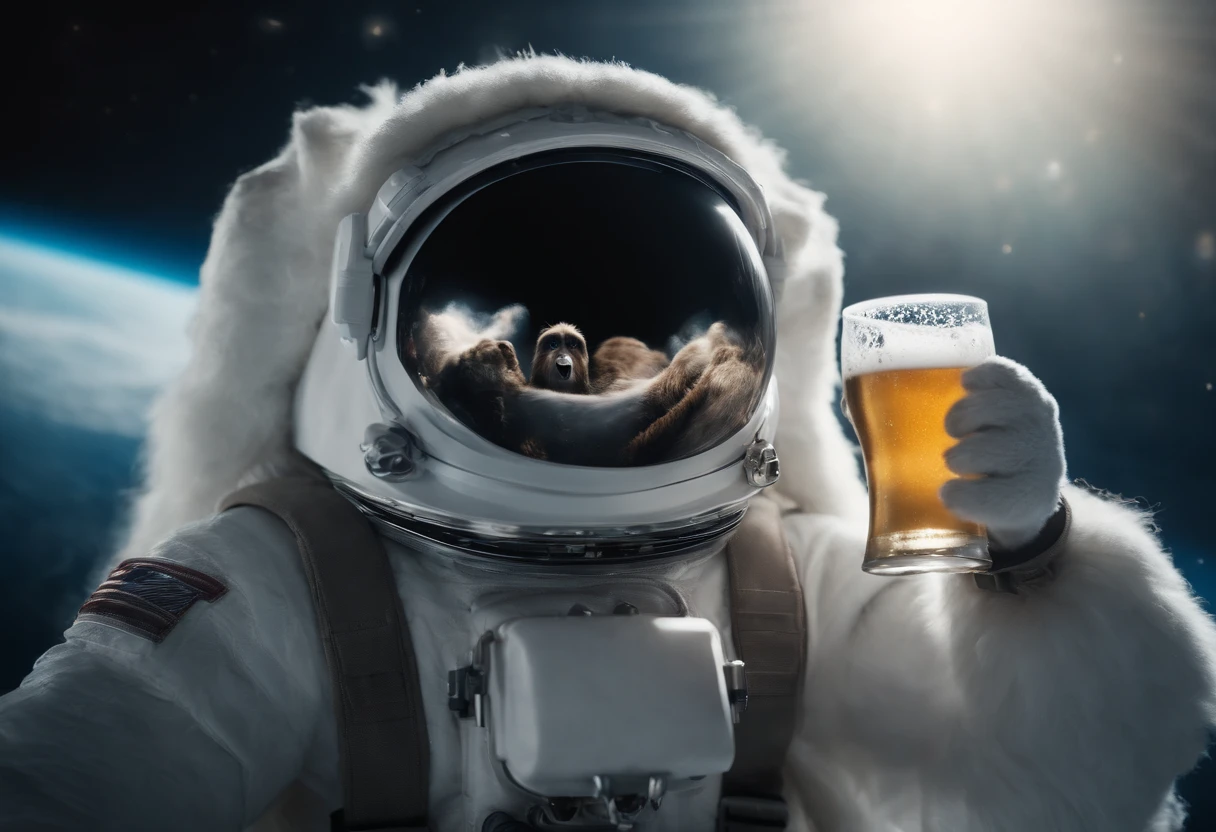 A Yeti themed Astronaut costume, yeti head, floating in space, in the distant center holding a beer, 1/4 of blurred earth in the background