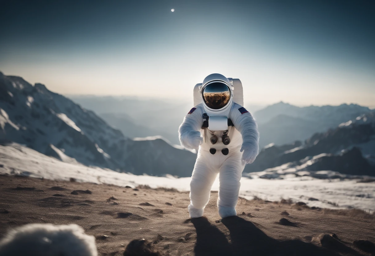 An astronaut in a yeti costume floating in space, in the distant center holding a beer, 1/4 of blurred earth in the background