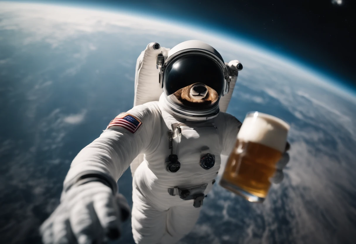 An astronaut in a yeti costume floating in space, in the distant center holding a beer, 1/4 of blurred earth in the background