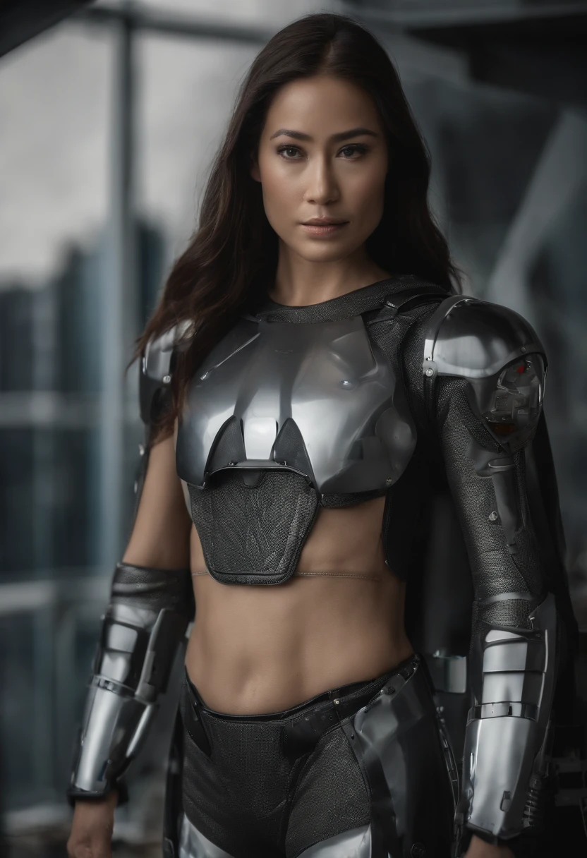 (8k、qualidade superior、obra prima:1.2)、(Reallistic、Fotorrealista:1.37)、O ultra-detailliert、Super-realismo、mulher anatomicamente correta、Female robot、Mechanical fuselage、Cable piping、cablagem、mechas、cyberpunk、many skyscrapers、cidade do futuro、Maglev、Fundos lindamente cortados