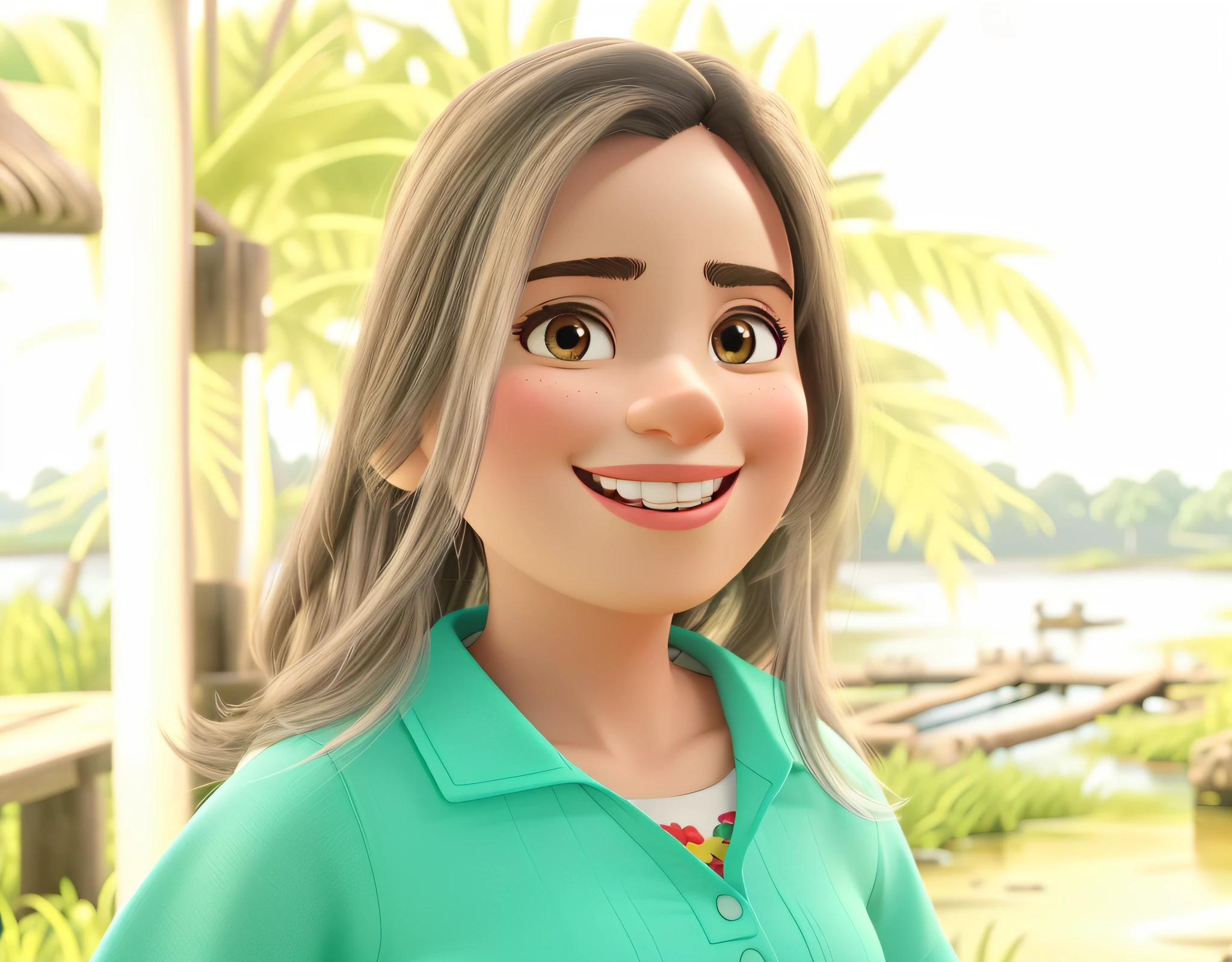 A woman doctor waving her hand and very happy in a setting of a fishing community and with river and mangrove swamp in the style of disney pixar, alta qualidade melhor qualidade
