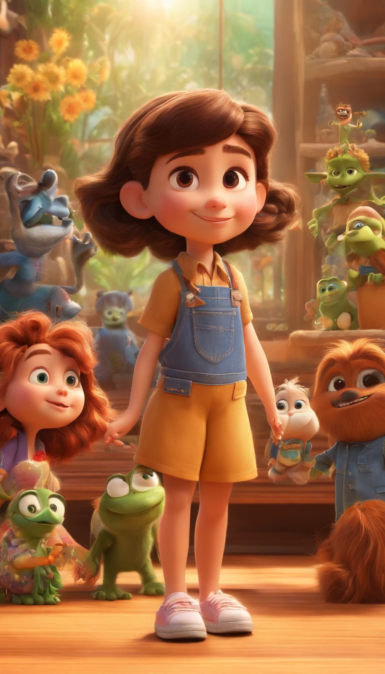 Create a Disney PIXAR-style 3D poster with a groot-style theme. In the center of the image, triplets being, 1 menino no meio e 2 meninas ao lado, They're hugging each other, O menino tem pele castanha e cabelos castanhos escuros e olhos castanhos escuros, 1 menina tem pele clara, olhos e cabelos escuros e cacheados, e a outra menina tem pele morena, olhos escuros e cabelos escuros e lisos, tudo isso no estilo Disney PIXAR 3D, In the background, A house of sunflowers, Gloria Studio, The garden is full of nature 3D render RTX clay material, estilo de design cartunesco, POP Mart, soft lighting, linhas suaves, Spring tilt, Detailed illustrations of PIXAR 3D , Detalhes hiper-realistas, cor quente no estilo Disney PIXAR 3D