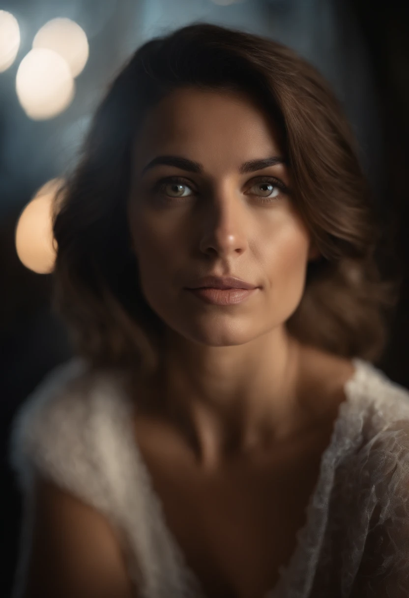 (best quality,ultra-detalhado,Altas:1.2),retrato, Mulher, branca ,olhos castanhos claros, com luzes no cabelo, boca desenhada, brasileira,Asas Angelicais,fundo da nebulosa