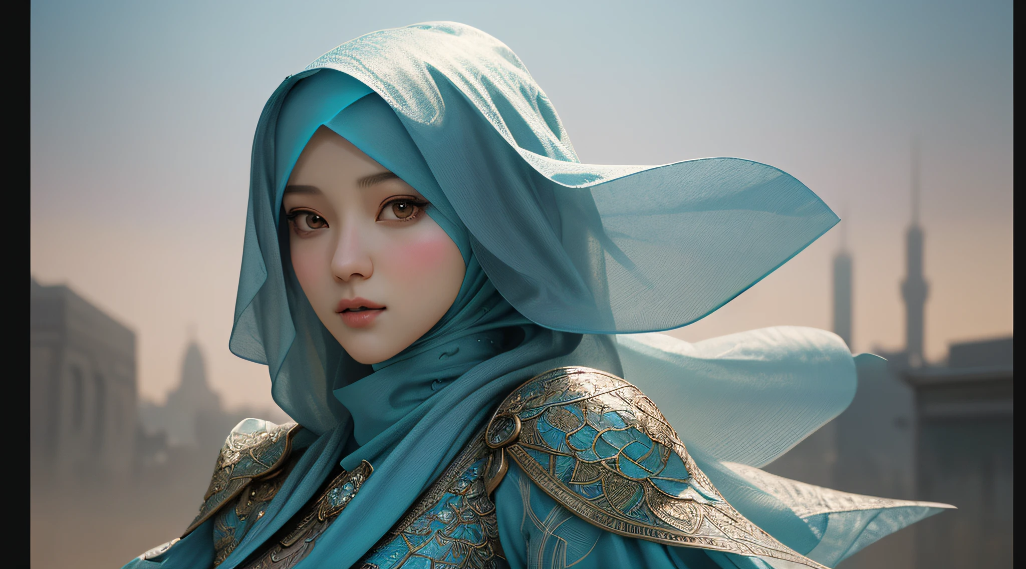 close up, digital illustration, Arab, cape hijab, perfect face, spotless face, kpop idol face, comic style, perfect anatomy, centered, approaching perfection, dynamic, highly detailed, artstation, concept art, smooth, sharp focus, illustration, art by Carne Griffiths and Wadim Kashin, trending on artstation, studio photo, intricate details, asian style, fantasy style, autumn background, trending on artstation, sharp focus, studio photo, intricate details, highly detailed, by greg rutkowski