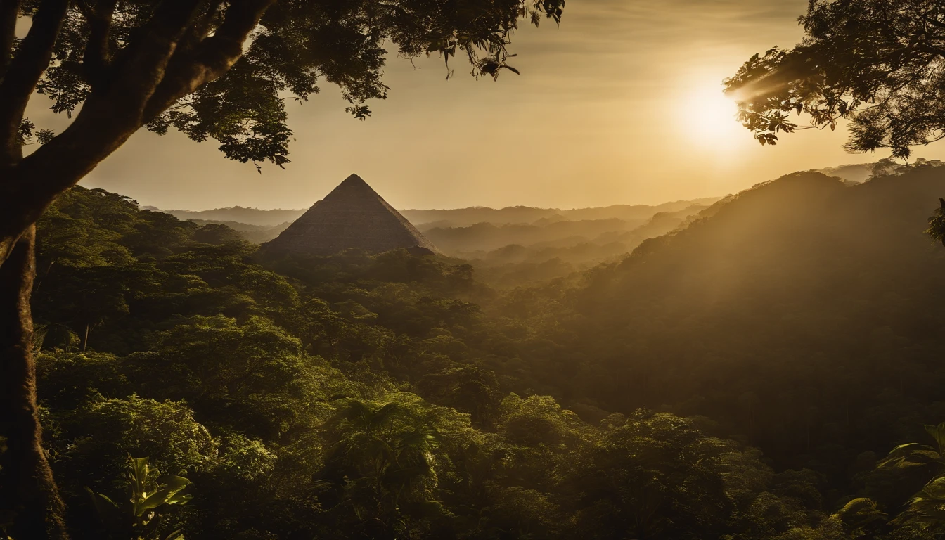 O Dourado, The lost city seen among the trees of a dense forest, uma grande piramide dourada brilhando com a luz do sol, fotografia realista.