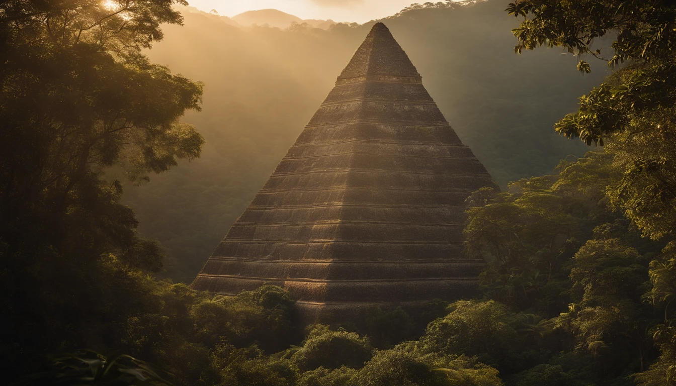 O Dourado, The lost city seen among the trees of a dense forest, uma grande piramide dourada brilhando com a luz do sol, fotografia realista.