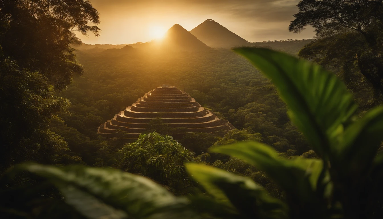 O Dourado, The lost city seen among the trees of a dense forest, uma grande piramide dourada brilhando com a luz do sol, fotografia realista.