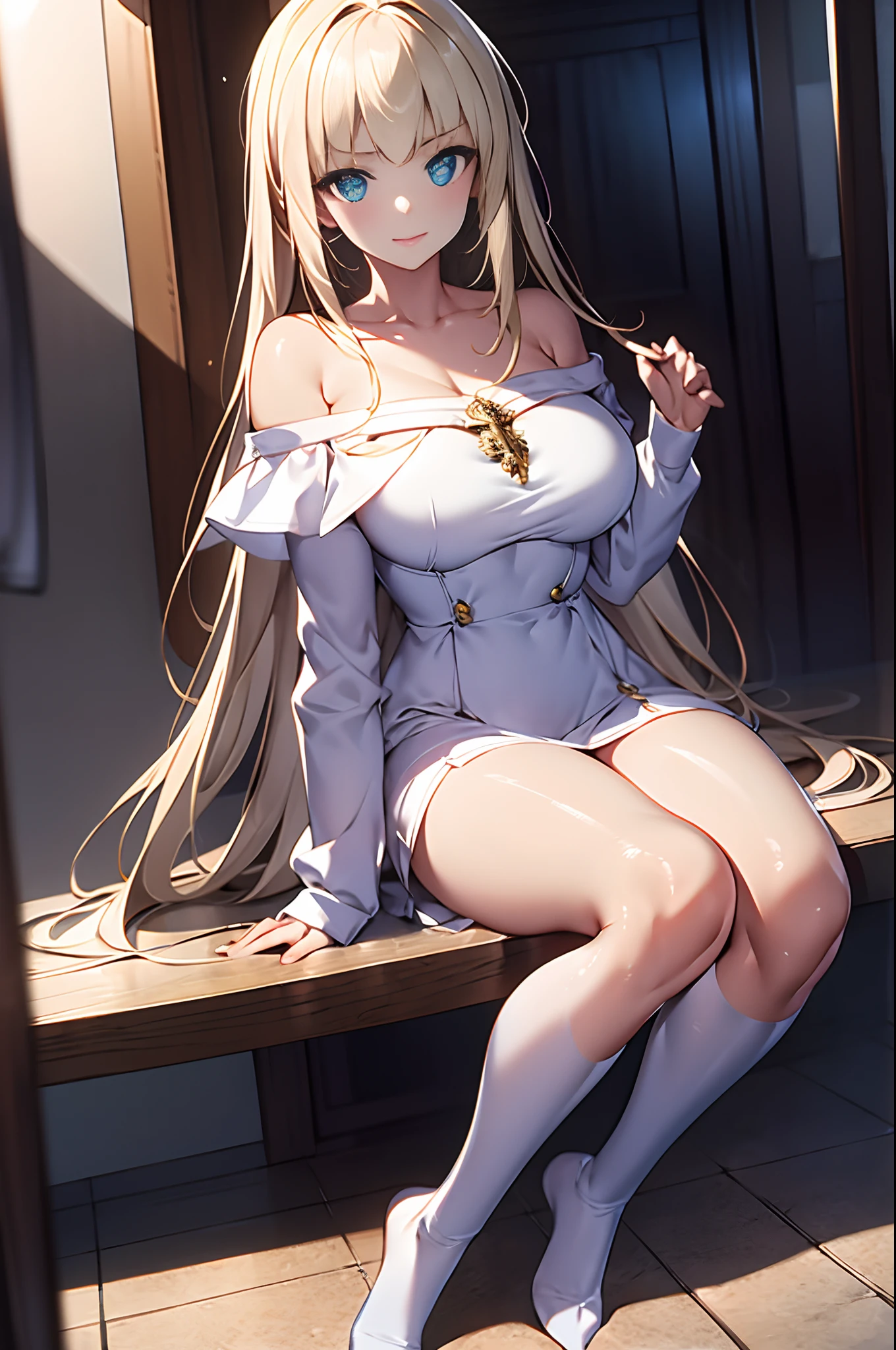 (best quality,4k,8k,highres,masterpiece:1.2),ultra-detailed, gold swim suit, highleg leotard, full body, high resolution!!, highleg,high heels, solo, erect nipples, beautiful detailed eyes, perfect eyes, blue eyes, girl, cute