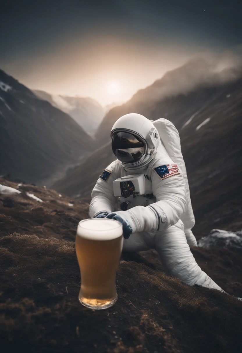 A Yeti themed Astronaut costume, yeti head, floating in space, in the distant center holding a beer, 1/4 of blurred earth in the background