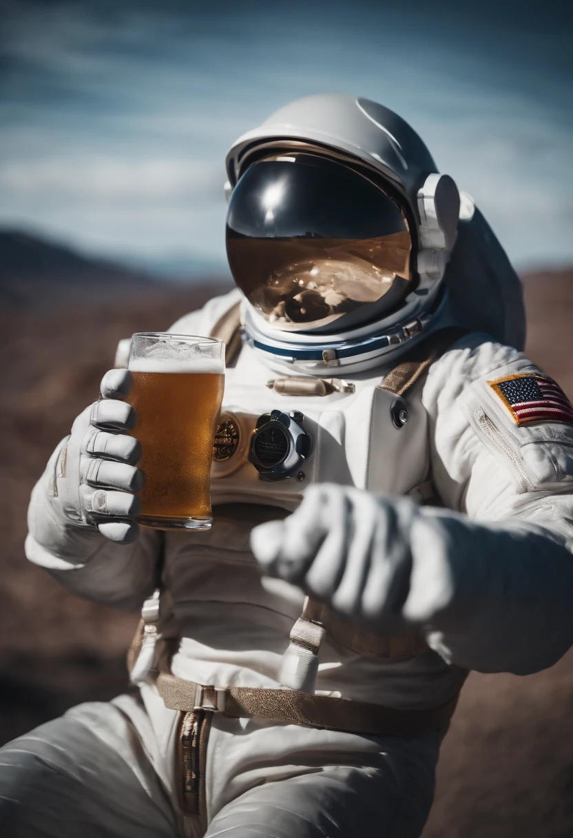 A Yeti themed Astronaut costume, yeti head, floating in space, in the distant center holding a beer, 1/4 of blurred earth in the background