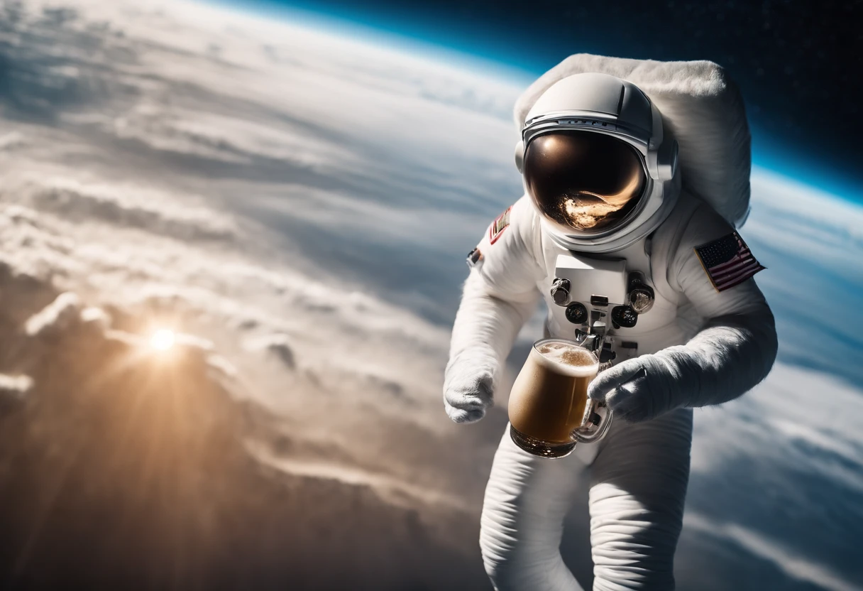 An astronaut in a yeti costume floating in space, in the distant center holding a beer, 1/4 of blurred earth in the background