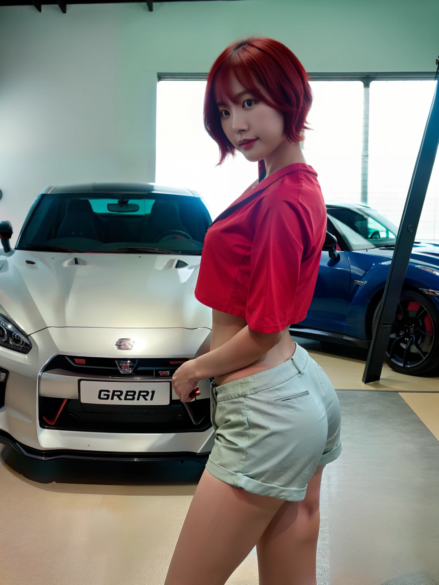 cute Asian woman with red short hair she is wearing shorts and a crop top and standing by a Nissan GT-R, realistic, high detail, studio light,