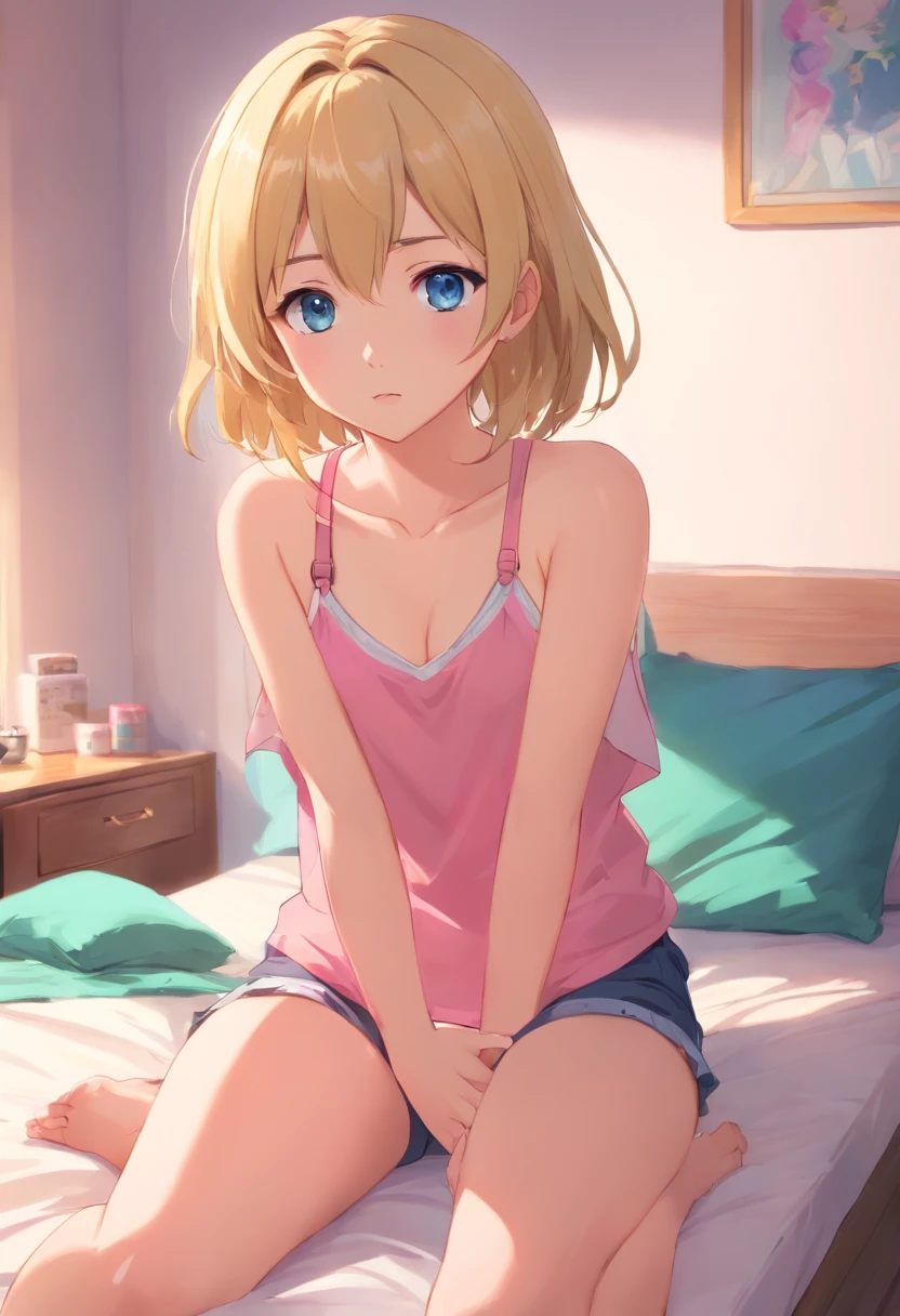 1 Female, alone, Young girl, , Straight Blonde Hair, Blunt bangs, blue eyes, (smile), (masterpiece, Highest quality:1.2) Delicate illustrations, Super detailed, Medium chest, sit、(((Spread your legs wide)))、((Full Body Shot)), (topless、Light blue panties), living room