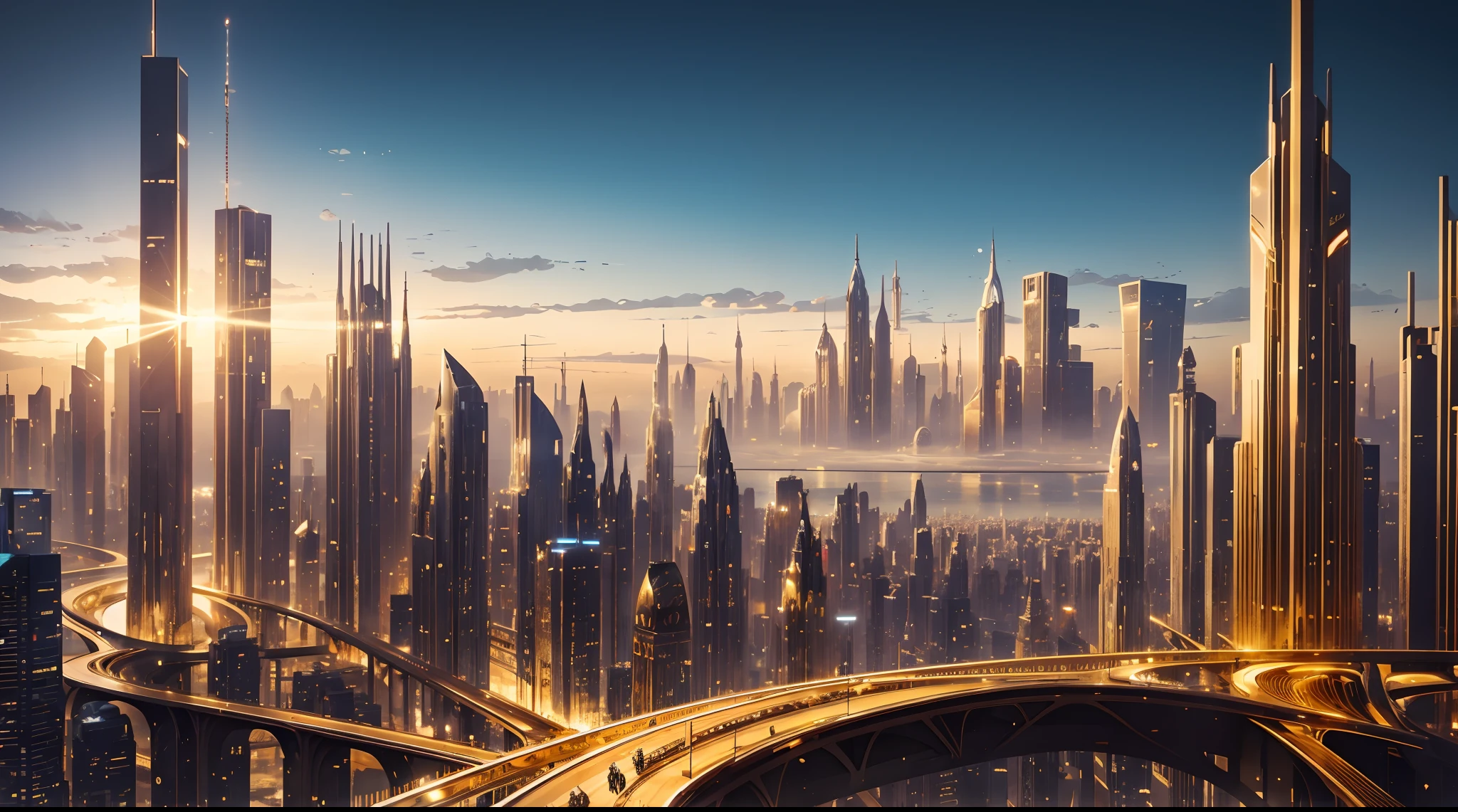 a epic beautiful golden futuristic city