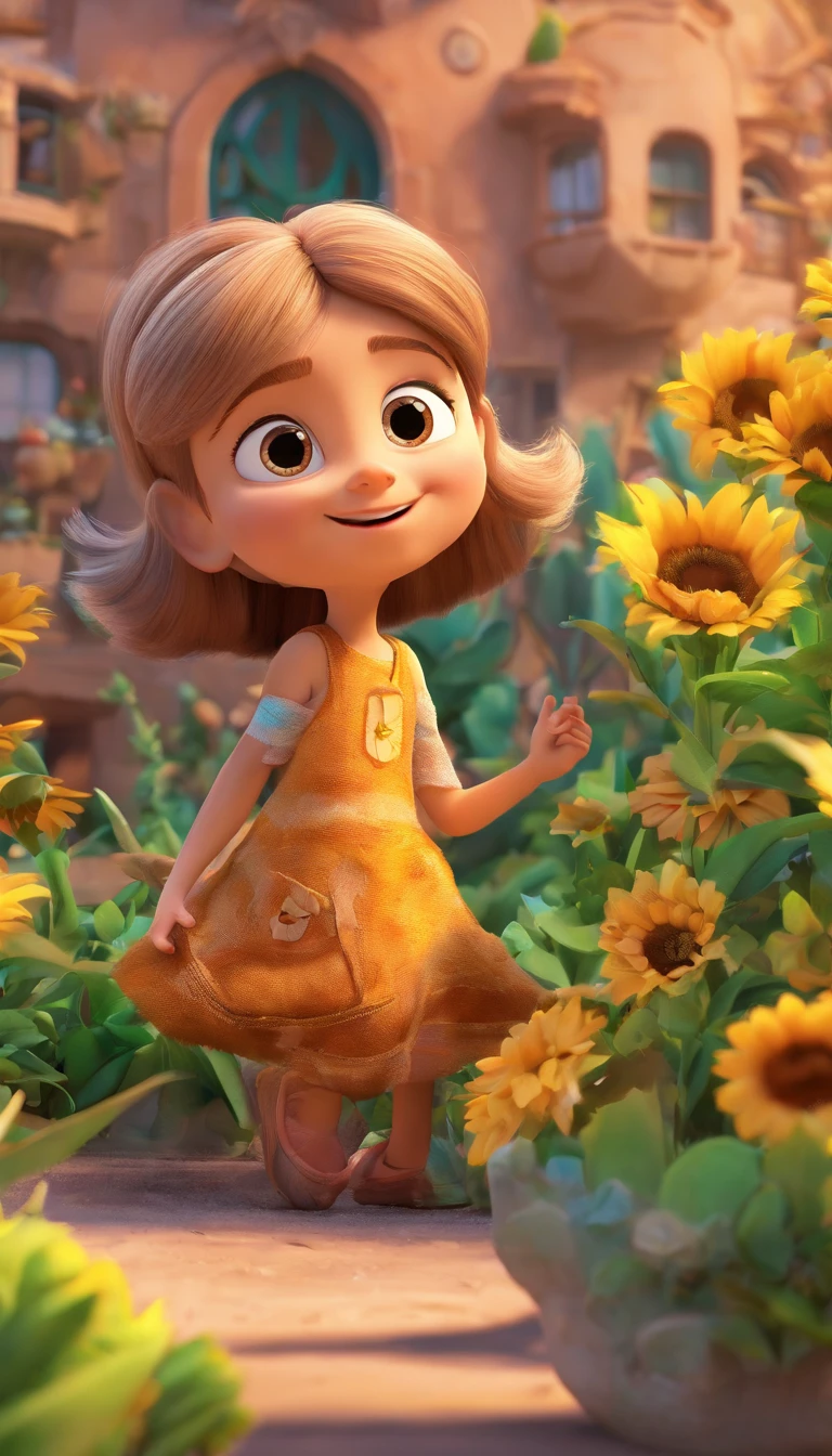 Create a Disney PIXAR-style 3D poster with a groot-style theme. no ((centro da imagem, Triplets)), ((3 children)) sendo, 1 no meio e 2 meninaado, They're hugging each other, O menino tem pstanha e cabelos castanhos escuros e olhos castanhos escuros, 1 menina tem pele cllhos e cabelos escuros e cacheados, e a outra menina tem pele morena, escuros e cabelos escuros e lisos, tudo isso no estilo Disney PIXAR 3D, In the background, A house of sunflowers, Gloria Studio, The garden is full of nature 3D render RTX clay material, estilo de design cartunesco, POP Mart, soft lighting, linhas suaves, Spring tilt, Detailed illustrations of PIXAR 3D , Detalhes hiper-realistas, cor quente no estilo Disney PIXAR 3D