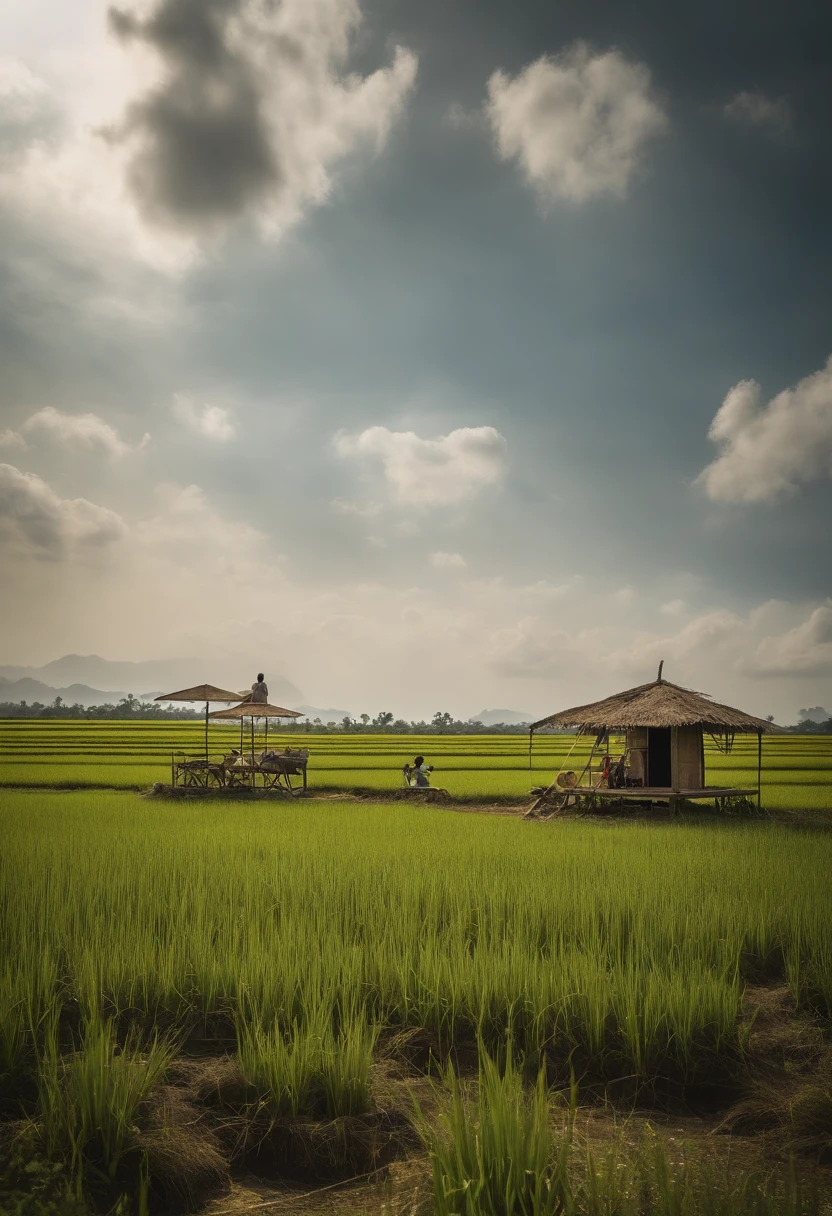 hut in the middle of rice fields using solar panels and wifi, children playing with cellphones and laptops, there are children playing kites, afternoon atmosphere