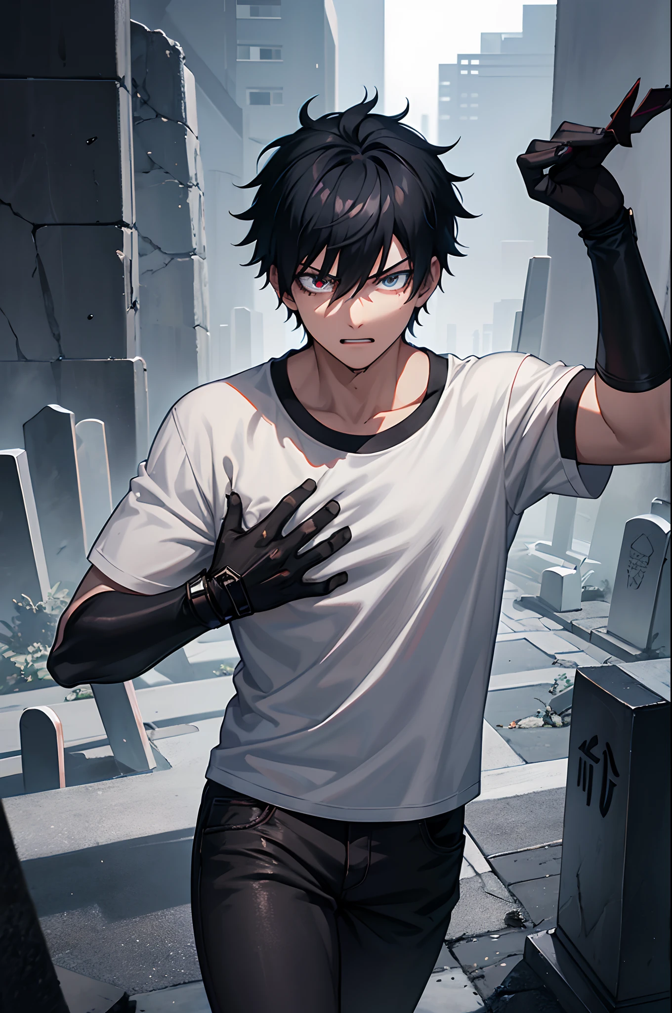 , darkness, hand with scar and burning scar, t-shirt, black jeans, poker face, cemetery background, anime characters, male anime, focus anime, hero academia, scary hand, night darkness, raining, monster hand, have power to absorb the elements of life, darkness hand