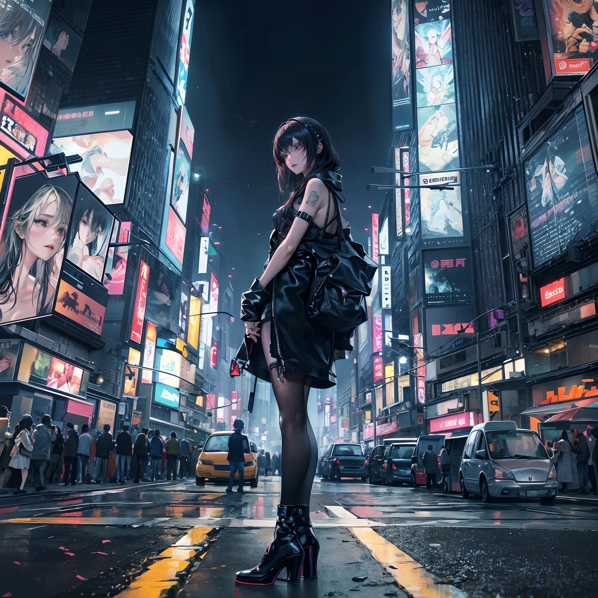 Cinematic lighting,super detailed skin、Beautiful detailed eyes、Best Quality,Perfect Anatomy,(Alternative、dim colors, Soothing tones:1.3),NSFW(Detailed beautiful facial features:1.3)Halloween Night Day、A cyberpunk girl who suddenly appeared at the intersection of modern Shibuya, (plays the guitar:1.6)The center of the Shibuya Scramble Crossing、Sit in a chair、Highly detailed feet(Many modern people surround her,、I'm paying attention:1.8)fullllbody